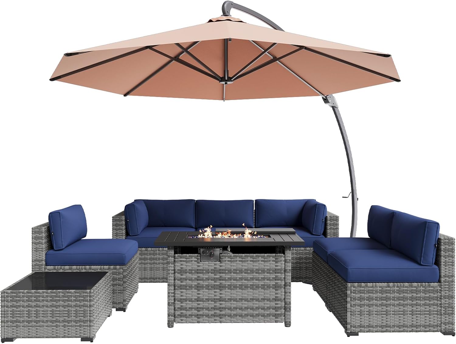Aoxun Patio Furniture Set 7-Piece with Umbrella / Fire Pit