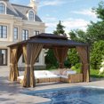 Clouddwell 10'x12' Hardtop Gazebo - Polycarbonate Double Roof with Netting & Curtains for Patio, Garden Sun Protection,Browm