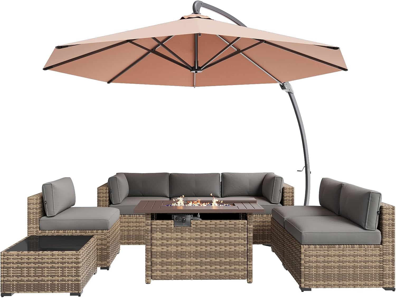Aoxun Patio Furniture Set 7-Piece with Umbrella / Fire Pit