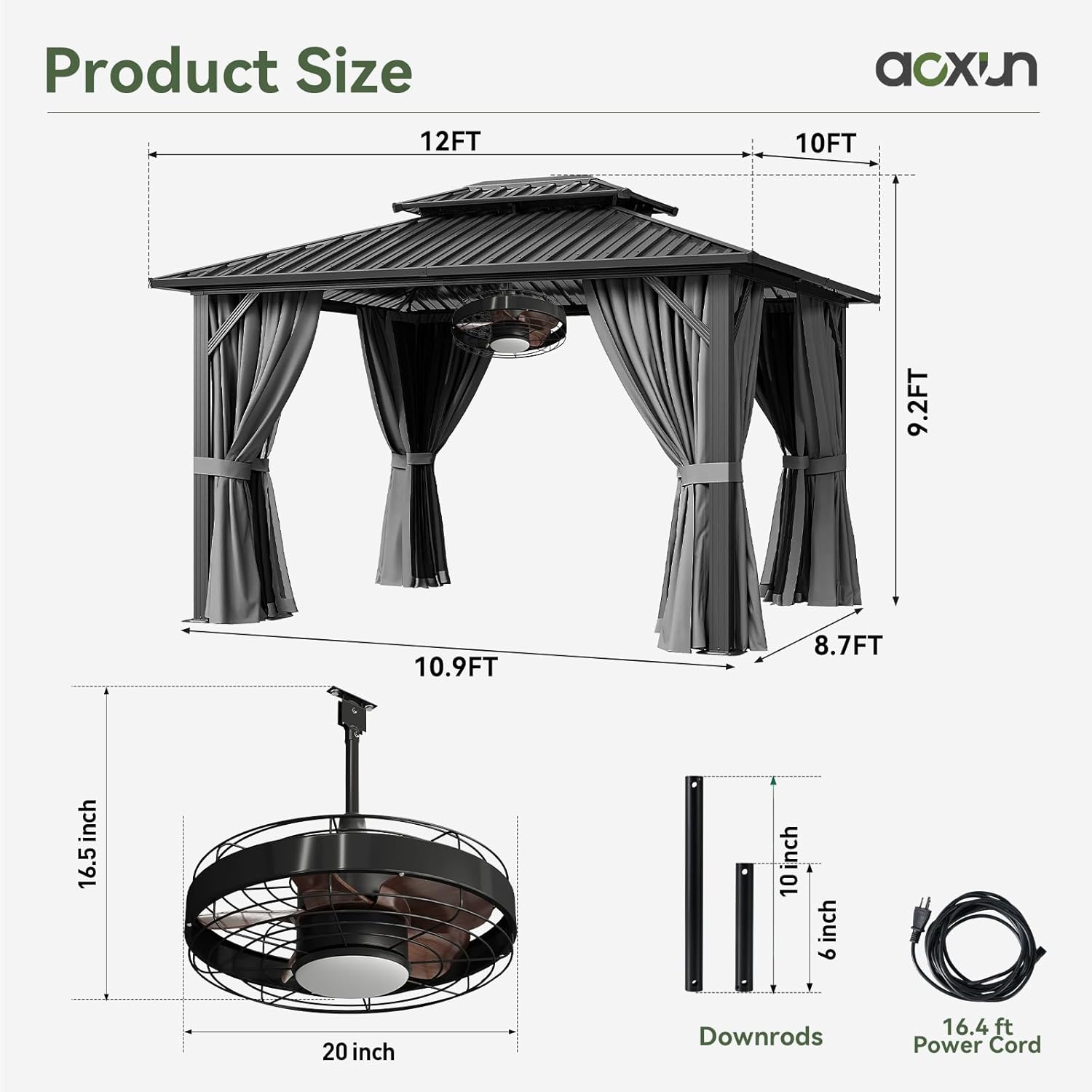 Classic Hardtop Gazebo with 20 inch Ceiling Fans and Lights