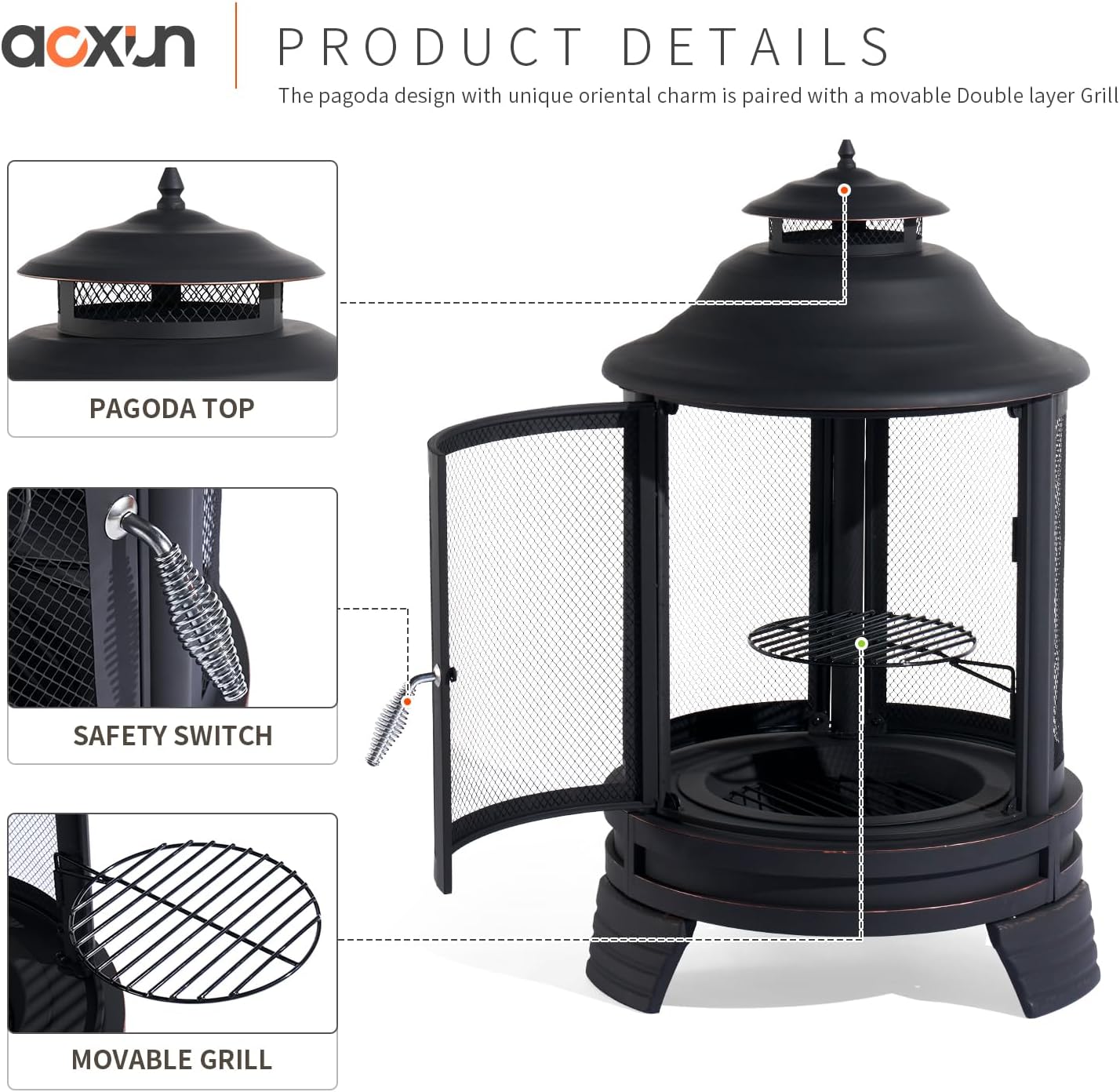 Pagoda-style Chiminea Fire Pit with Grill