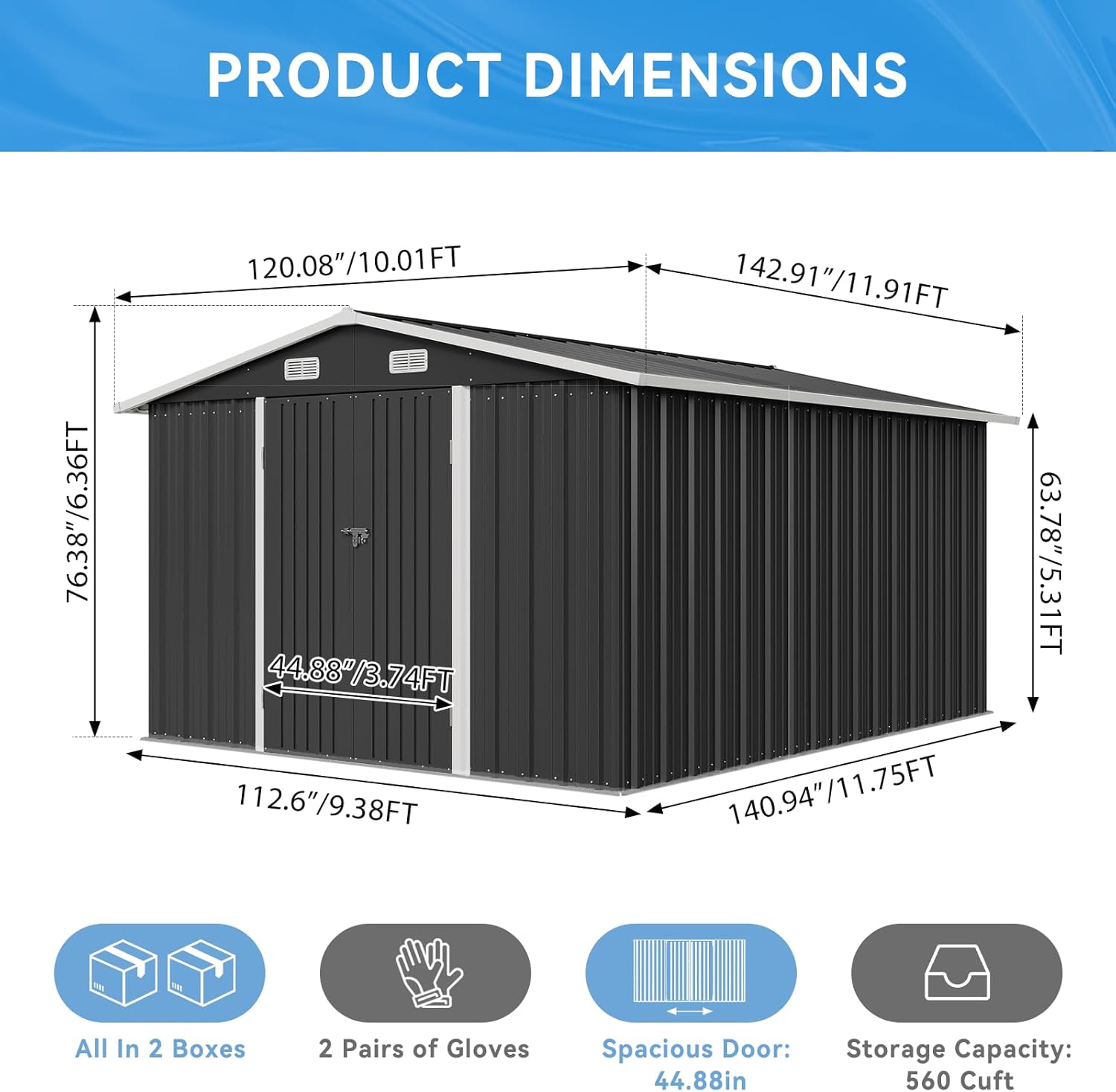 Aoxun 10x12 FT Outdoor Storage Shed - Metal Garden Tool Shed with Lockable Doors & Slooping Roof, Waterproof Outside Storage Shed Ideal for Tools, Garden Equipment & Bikes, Patio Placement(Black)