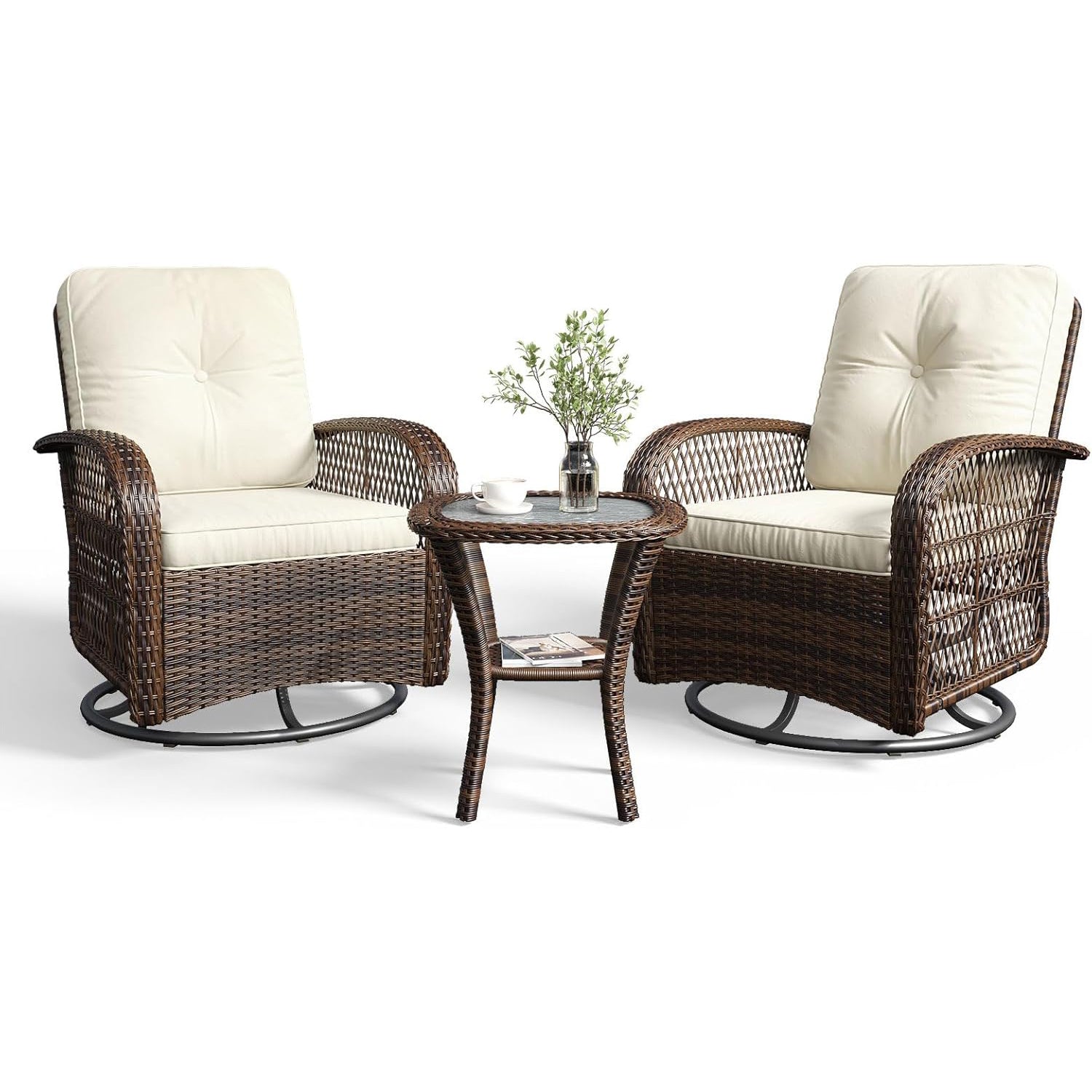 3 pcs Swivel Rocking Chairs & Tempered Glass Table Set