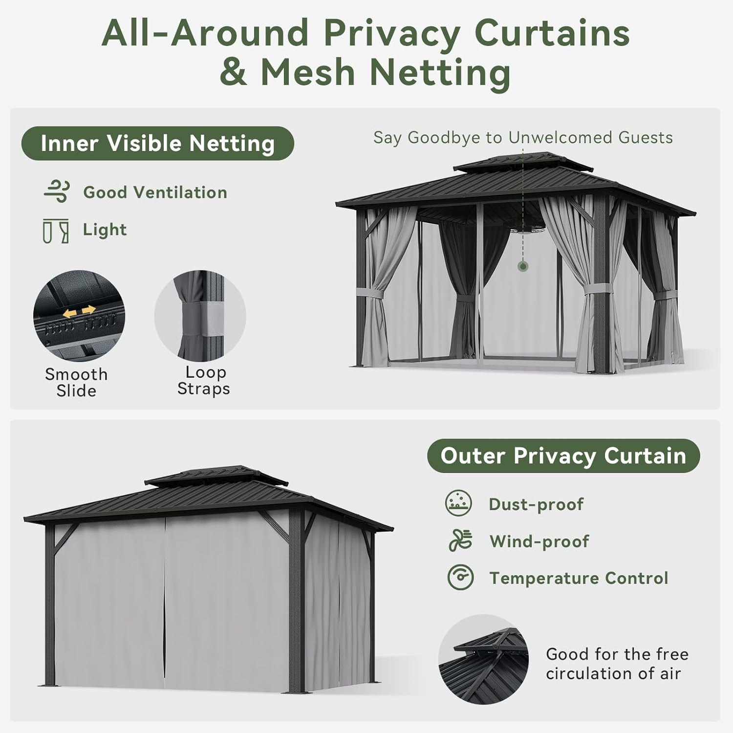 Classic Hardtop Gazebo with 20 inch Ceiling Fans and Lights