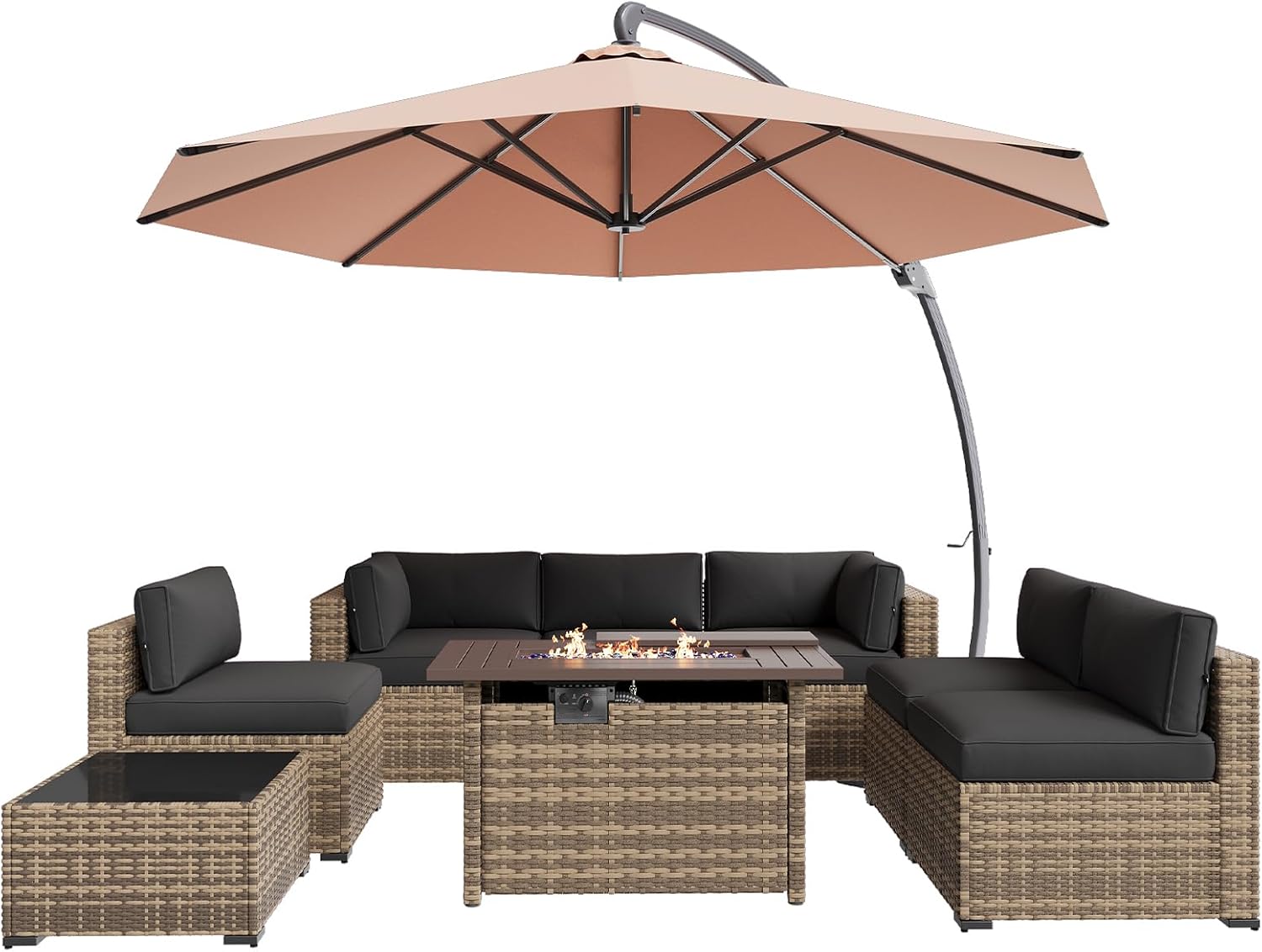 Aoxun Patio Furniture Set 7-Piece with Umbrella / Fire Pit