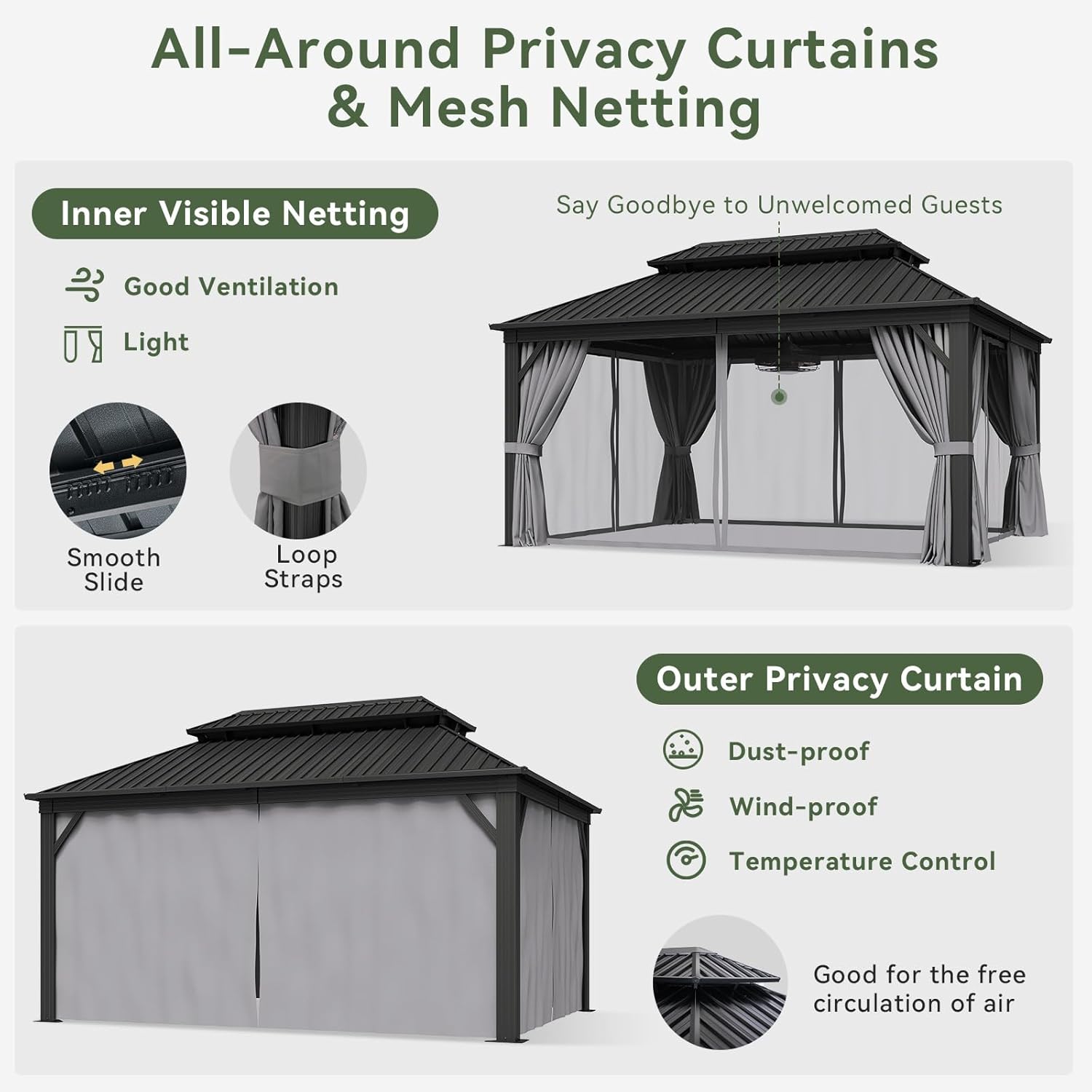 Classic Hardtop Gazebo with 20 inch Ceiling Fans and Lights