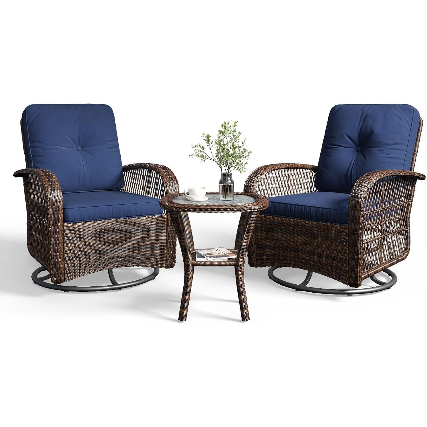 3 pcs Swivel Rocking Chairs & Tempered Glass Table Set