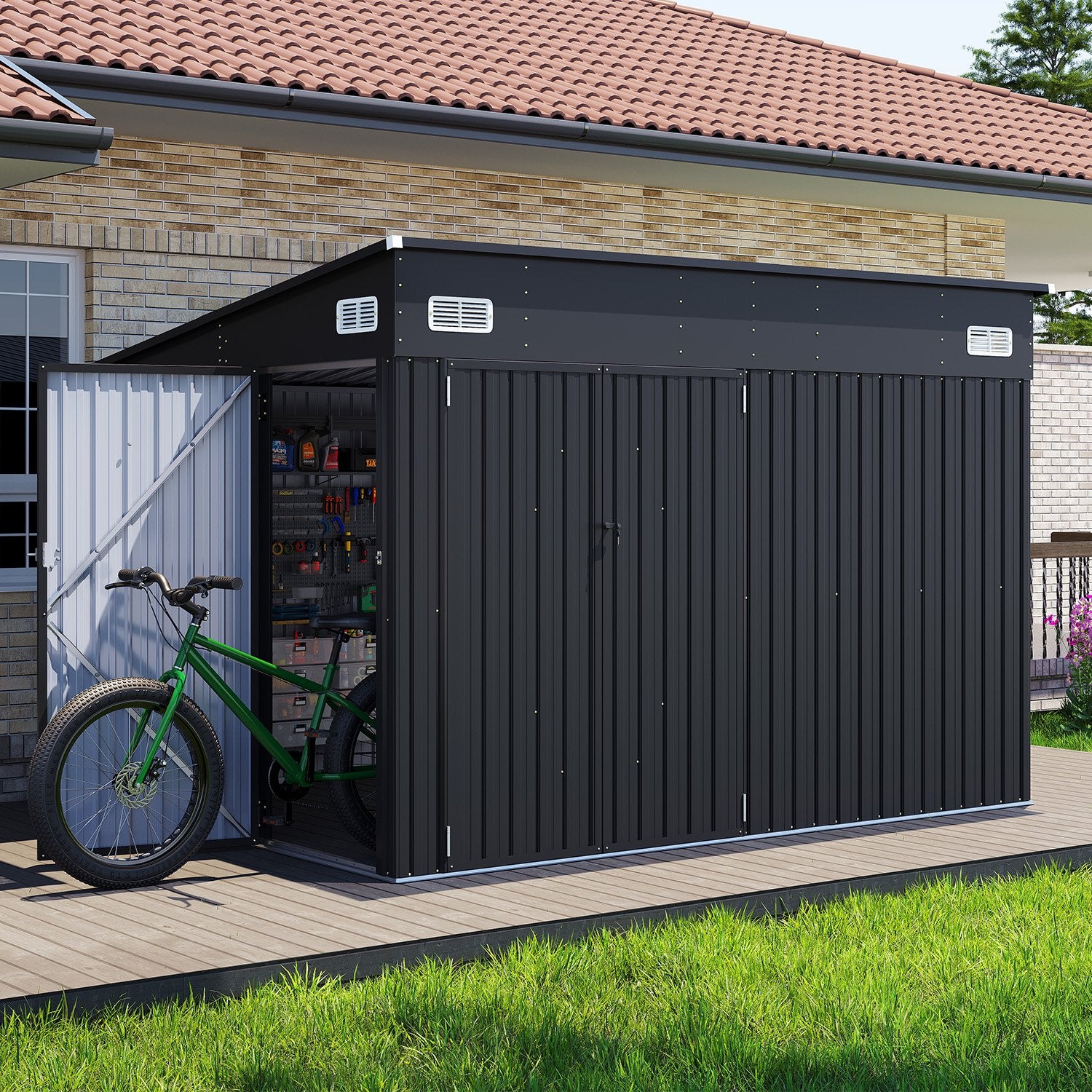 Clouddwell 10ft x 8ft Heavy-Duty Metal Storage Shed with 3 Doors, Lockable Lean-To Design, Weatherproof for Garden & Tools (Black)