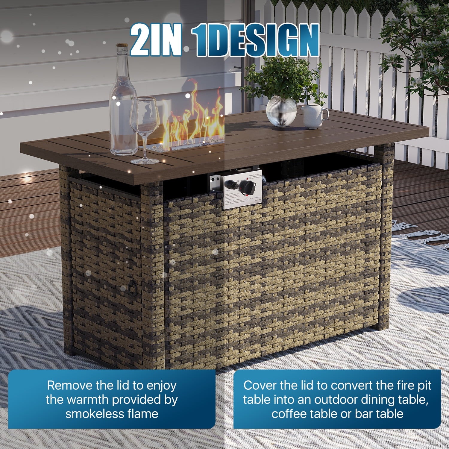 Sunmthink Patio Furniture Sets, 8-Piece Outdoor Patio Furniture with 44'' Propane Gas Firepit Table, Wicker Outdoor Conversation Set and Waterproof Cover for Backyard, Poolside, Garden