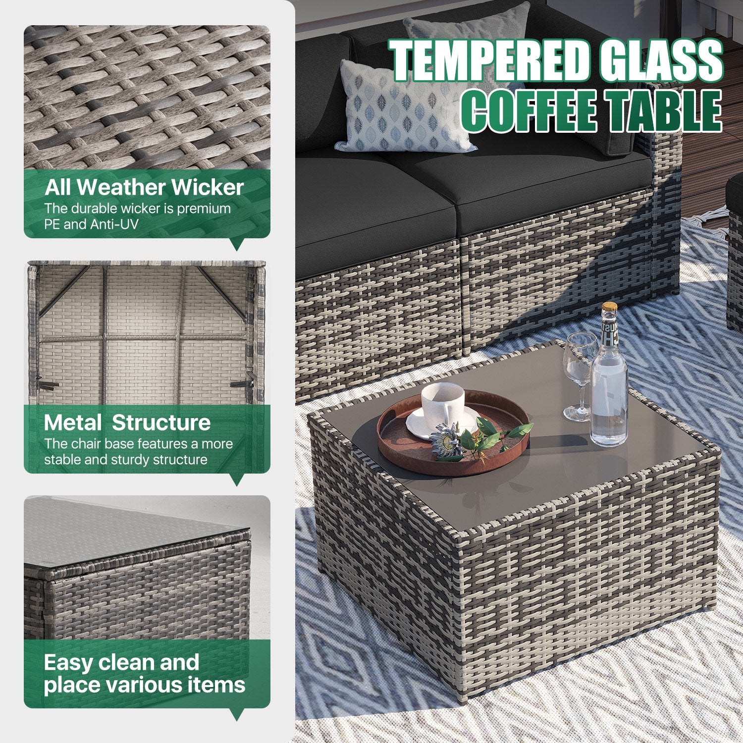 Clouddwell 11 Piece Patio Furniture Set Wicker Rattan Patio Conversation Set Outdoor Sectional Sofa Set with Coffee Table and Black Cushions(Waterproof Cover Included)