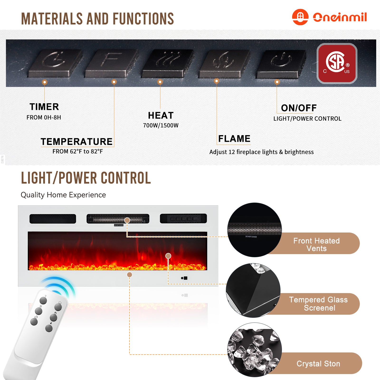 Oneinmil Fireplace TV Stand, Entertainment Center for TVs up to 80", 70” TV Stand with 36'' Electric Fireplace, LED Lights Entertainment Center, TV Console, White&White