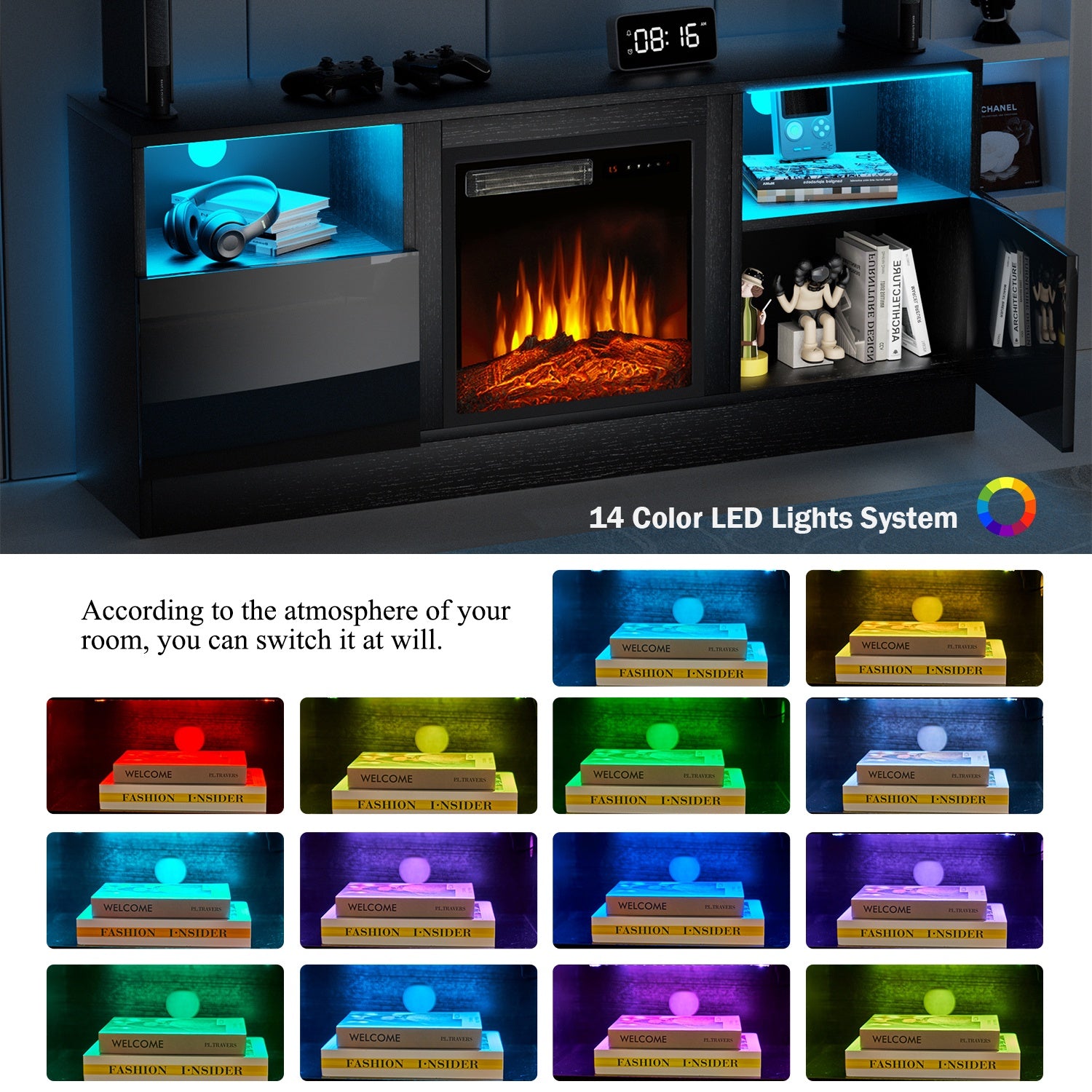 TV Stand with 18" Electric Fireplace, 58"Fireplace TV Stand with LED, Entertainment Center for TVs Up to 65" for Living Room, Bedroom, Black