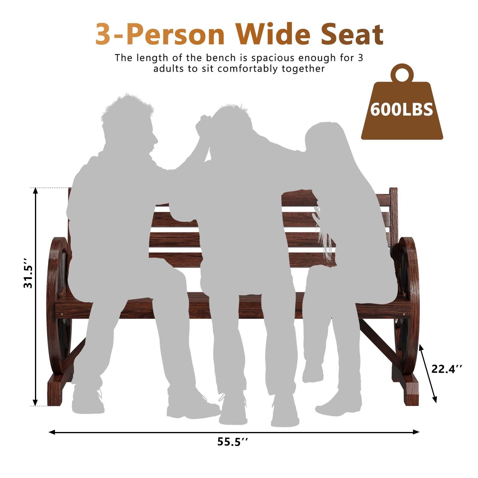 55'' Three Person Outdoor Garden Bench, Wooden Wagon Wheel Bench, Outdoor Patio Furniture, Loveseat Porch Chair Solid Wood W/Backrest