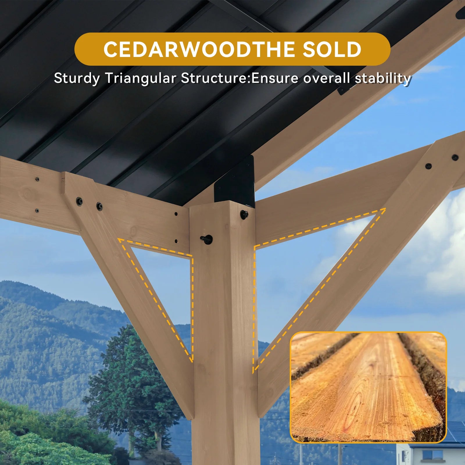 Sunmthink 12' x 16' Outdoor Wood Frame Gazebo, Hardtop Gazebo with Galvanized Steel, Permanent Wooden Pavilion for Patio Backyard Lawn Garden