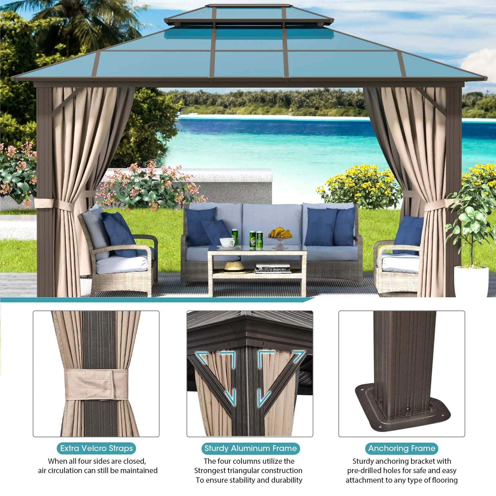 10'x12' Hardtop Gazebo, Outdoor Polycarbonate Double Roof Canopy, Aluminum Frame Permanent Pavilion with Curtains and Netting, Sunshade for