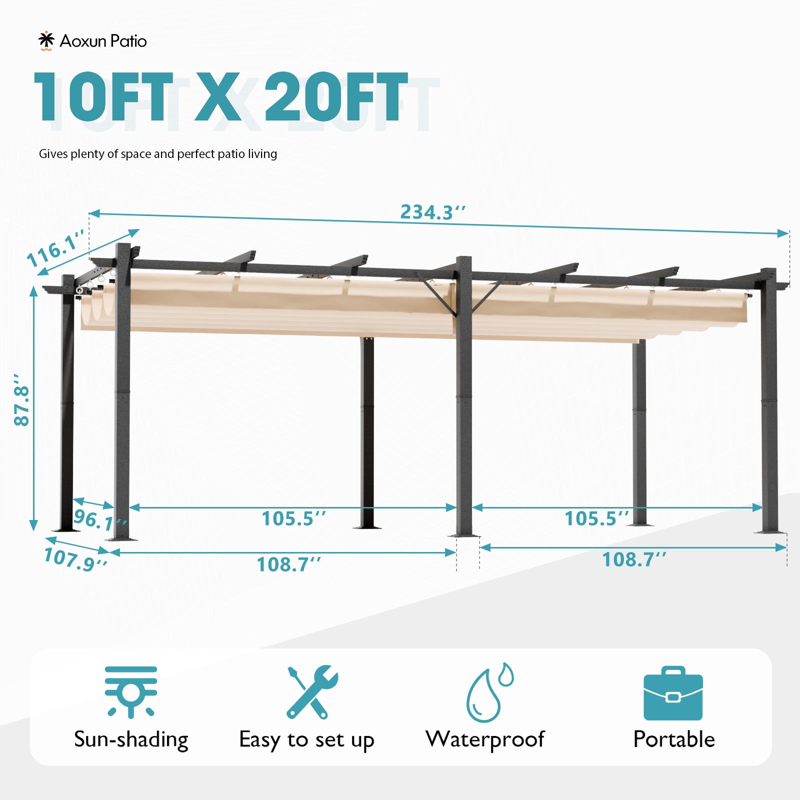20'x10' Outdoor Retractable Pergola, with Sun-Proof Canopy, Patio Metal Pergolas Gazebos for Backyards, Gardens, Patios, Beige