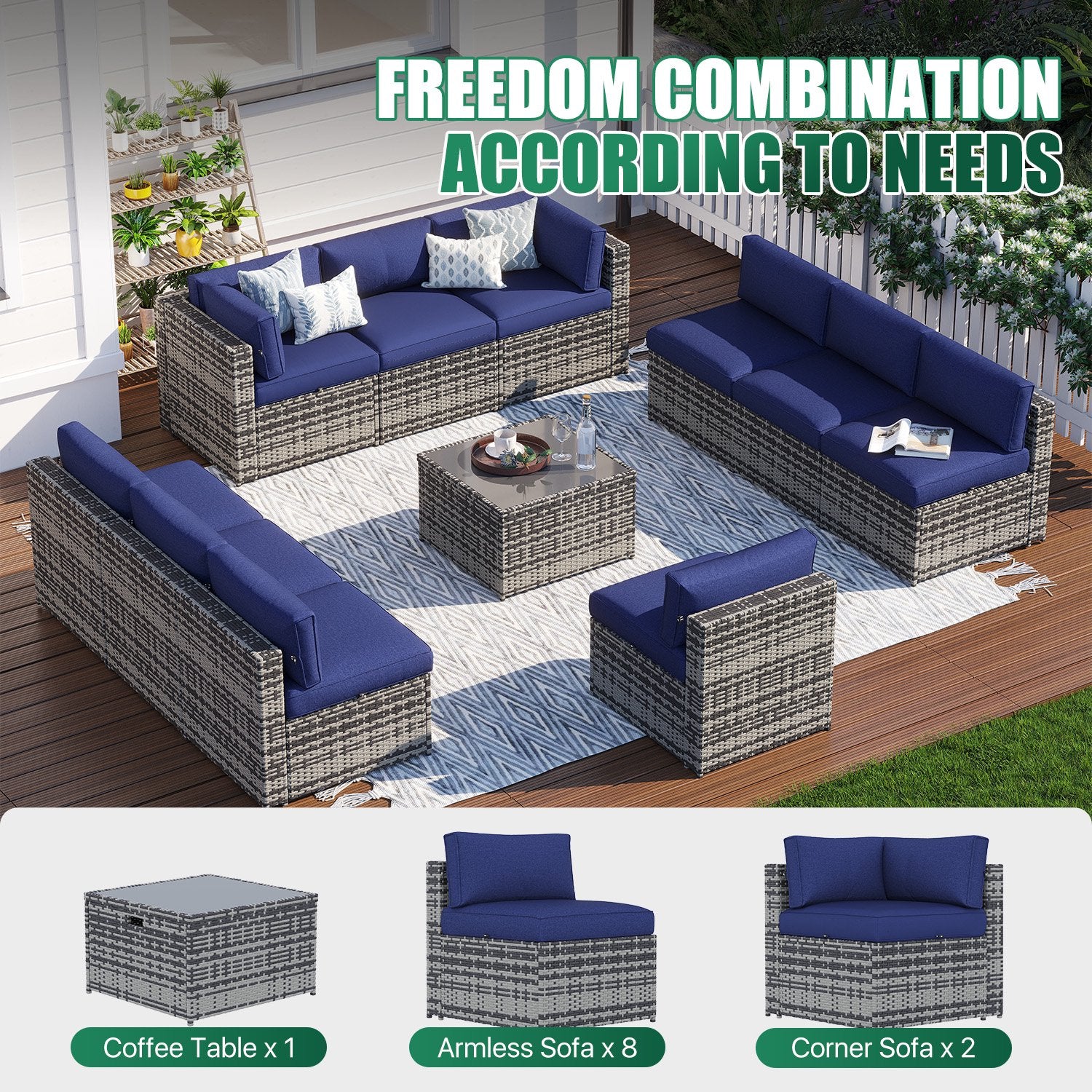 Clouddwell 11 Piece Patio Furniture Set Wicker Rattan Patio Conversation Set Outdoor Sectional Sofa Set with Coffee Table and Blue Cushions(Waterproof Cover Included)