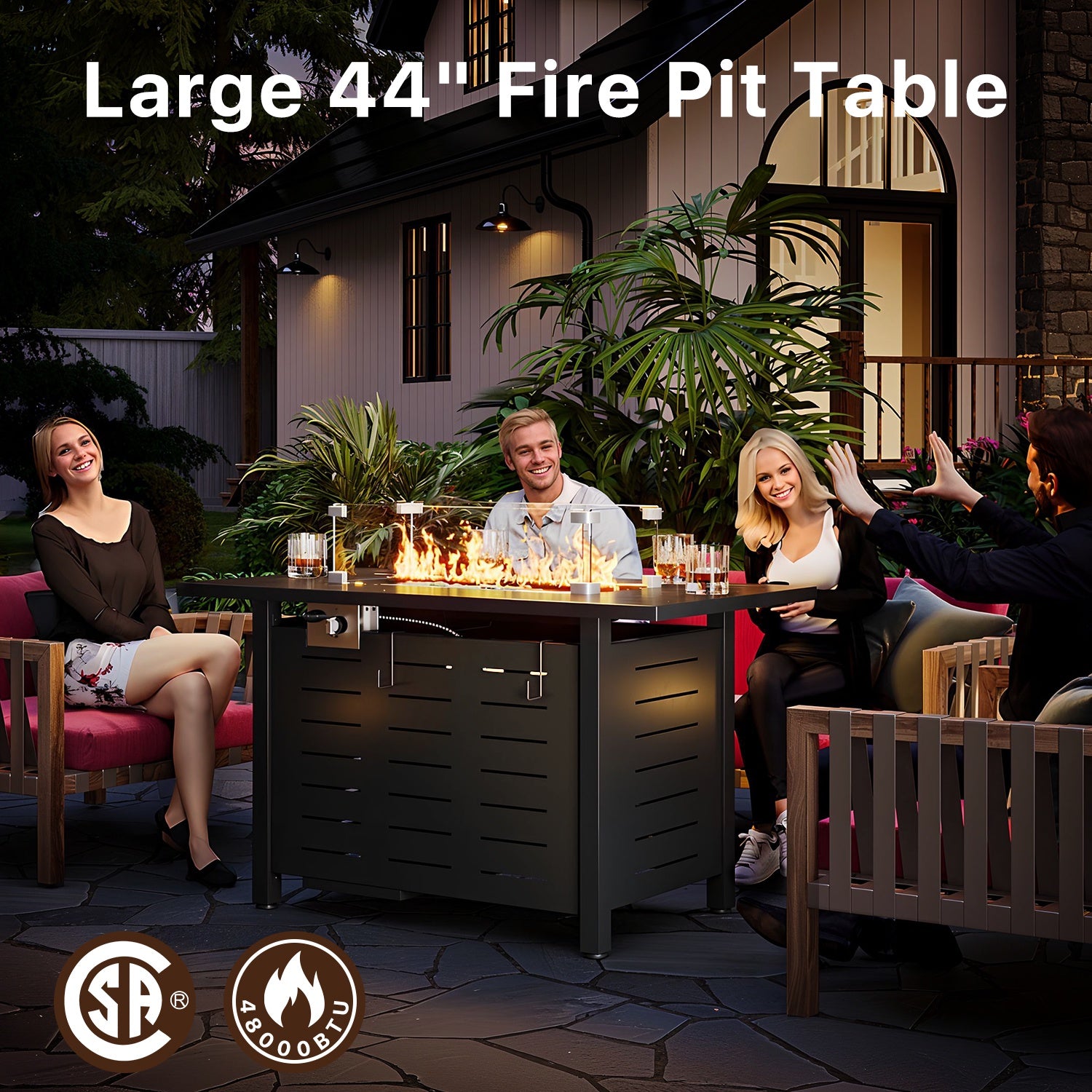 44" Propane Fire Pit Table, 50,000 BTU Auto Ignition Steel Gas Fire Pit with Removable Lid & Waterproof Cover for Patio, Backyard, Black