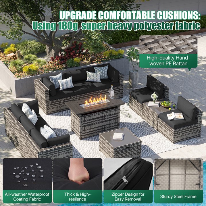 Clouddwell 11 Piece Patio Furniture Set with 44” Fire Pit Table Wicker Rattan Patio Conversation Set Outdoor Sectional Sofa Set with Coffee Table and Black Cushions(Waterproof Cover Included)