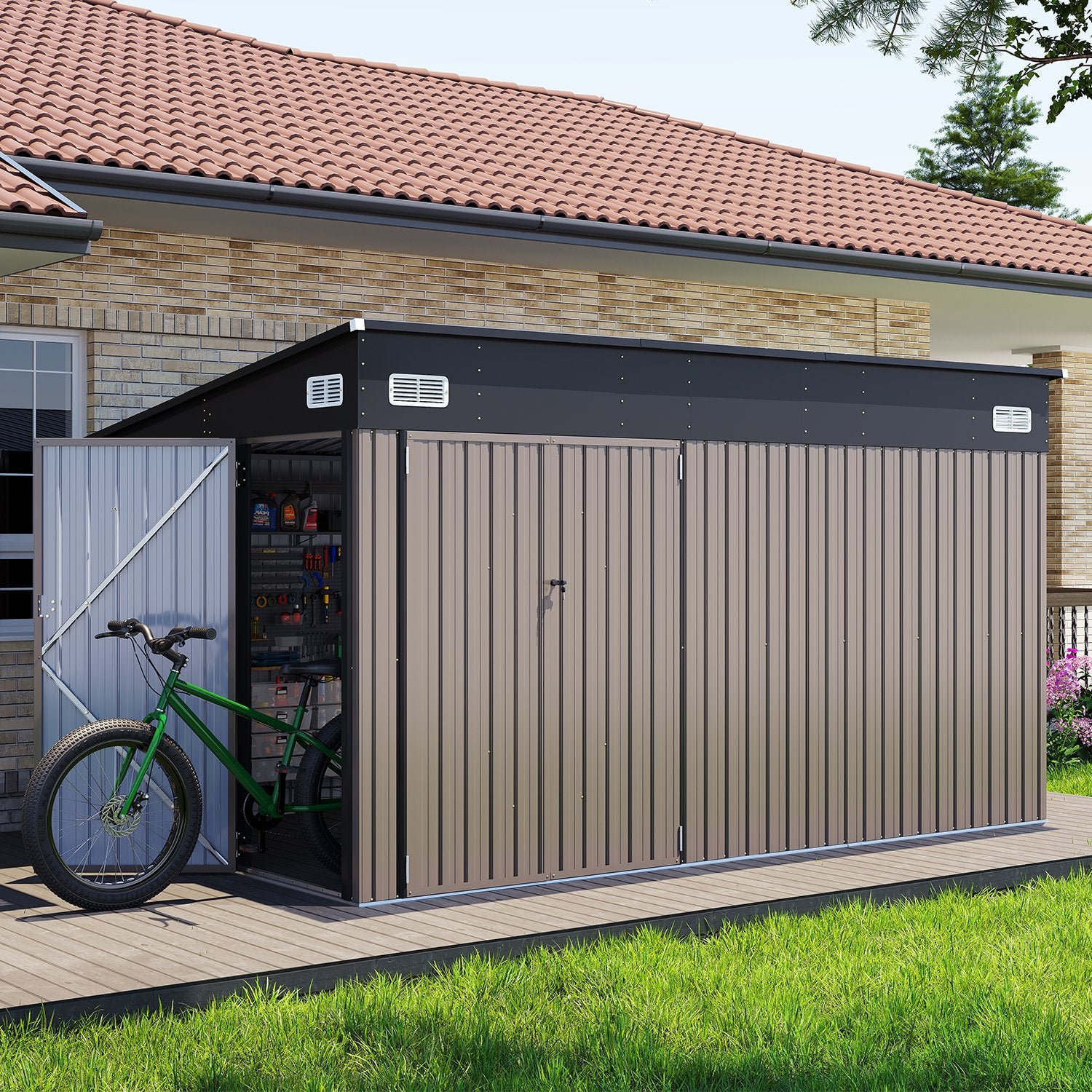 Clouddwell 12ft x 8ft Heavy-Duty Metal Storage Shed with 3 Doors, Lockable Lean-To Design, Weatherproof for Garden & Tools (Brown)