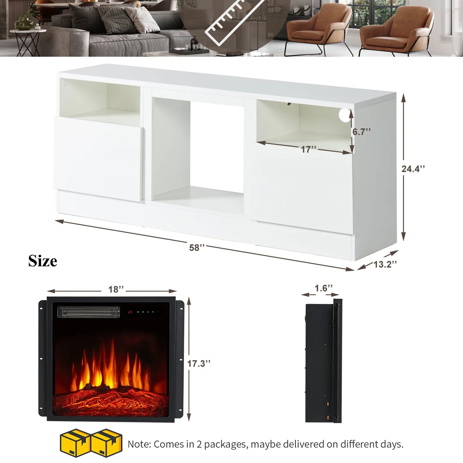 TV Stand with Fireplace for TVs up to 65", 58" Fireplace TV Stand, Entertainment Center with Fireplace for Living Room, Bedroom, White