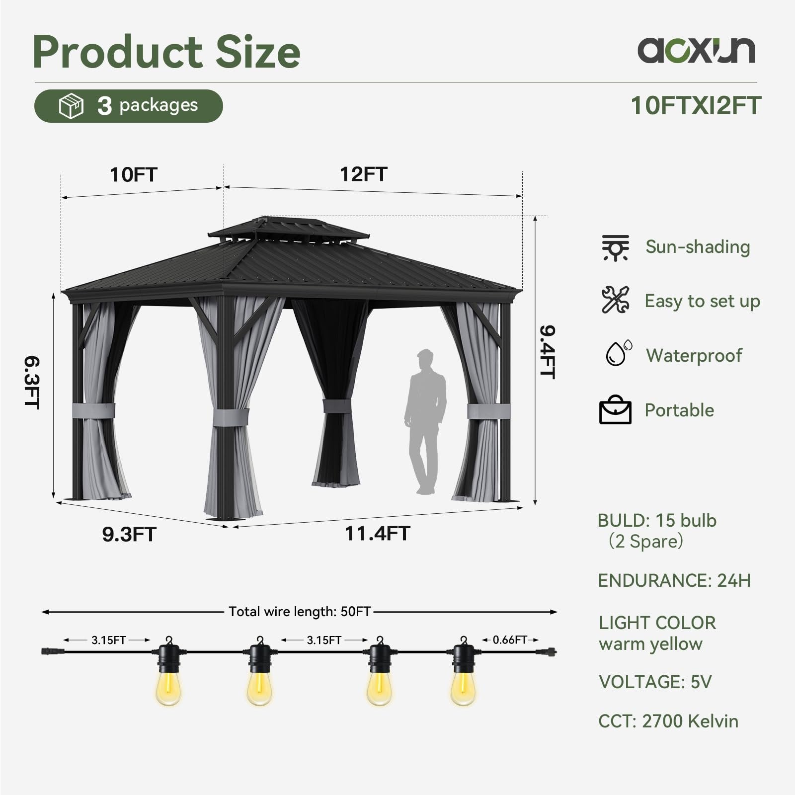 10' x 12' Hardtop Gazebo, Galvanized Steel Double Top, Permanent Aluminum Gazebo, Outdoor Metal Gazebo with Privacy Curtains and LED Outdoor Waterproof Hanging Lights, for Party, Garden, Deck