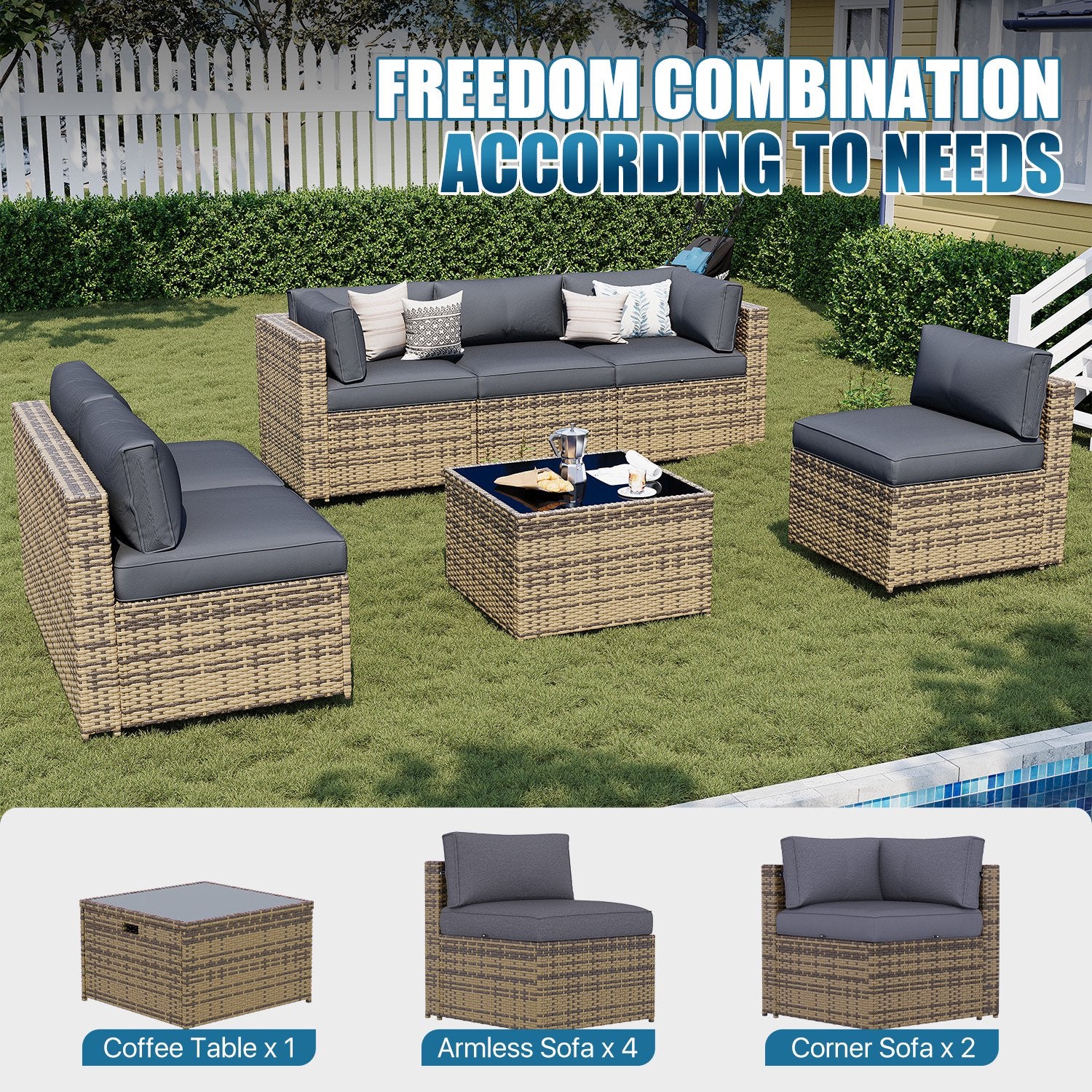 Sunmthink Patio Furniture Sets, 7-Piece Outdoor Patio Furniture with Thick Cushions, Wicker Outdoor Conversation Set and Waterproof Cover for Backyard, Poolside, Garden