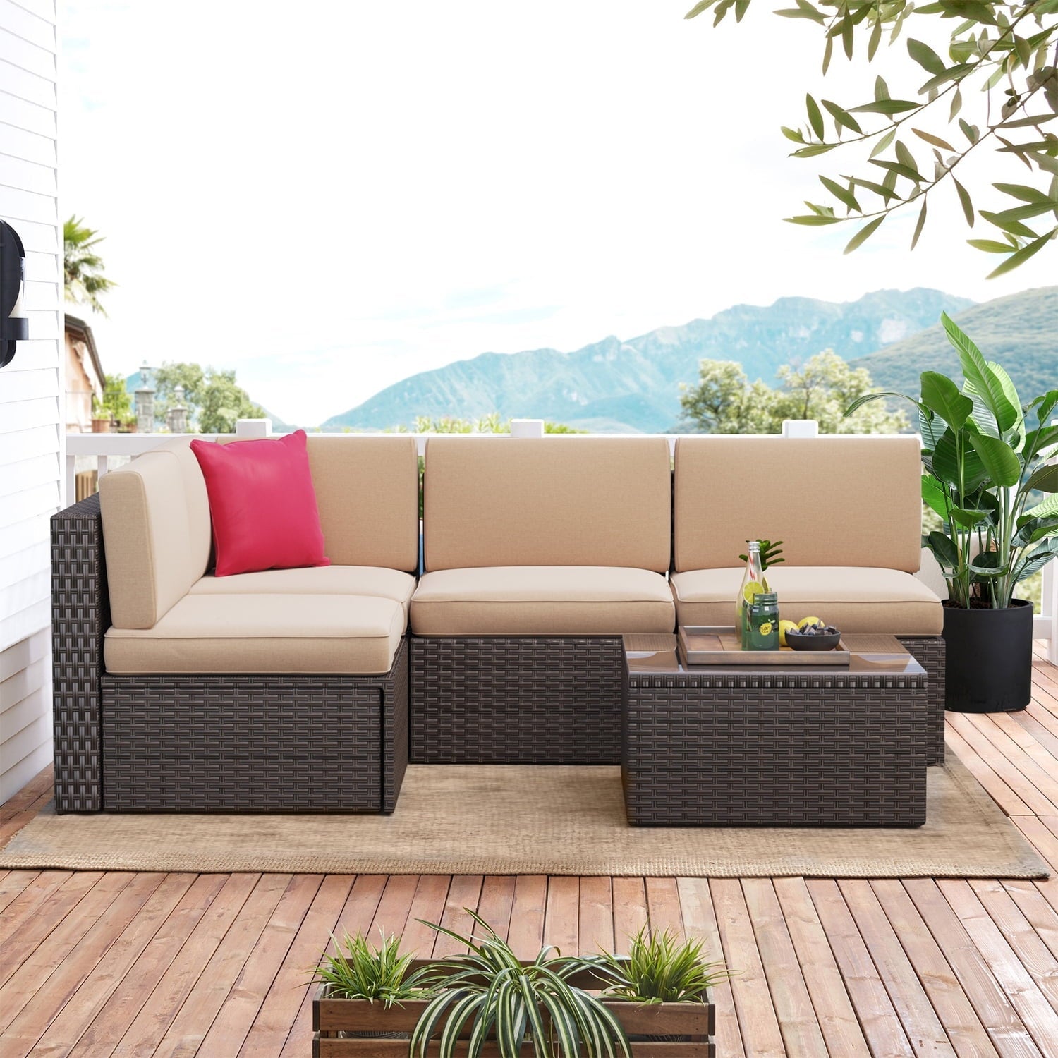 5 Piece Outdoor Patio Conversation Set Outdoor Furniture Sectional Wicker Sofa Set with Beige Cushions
