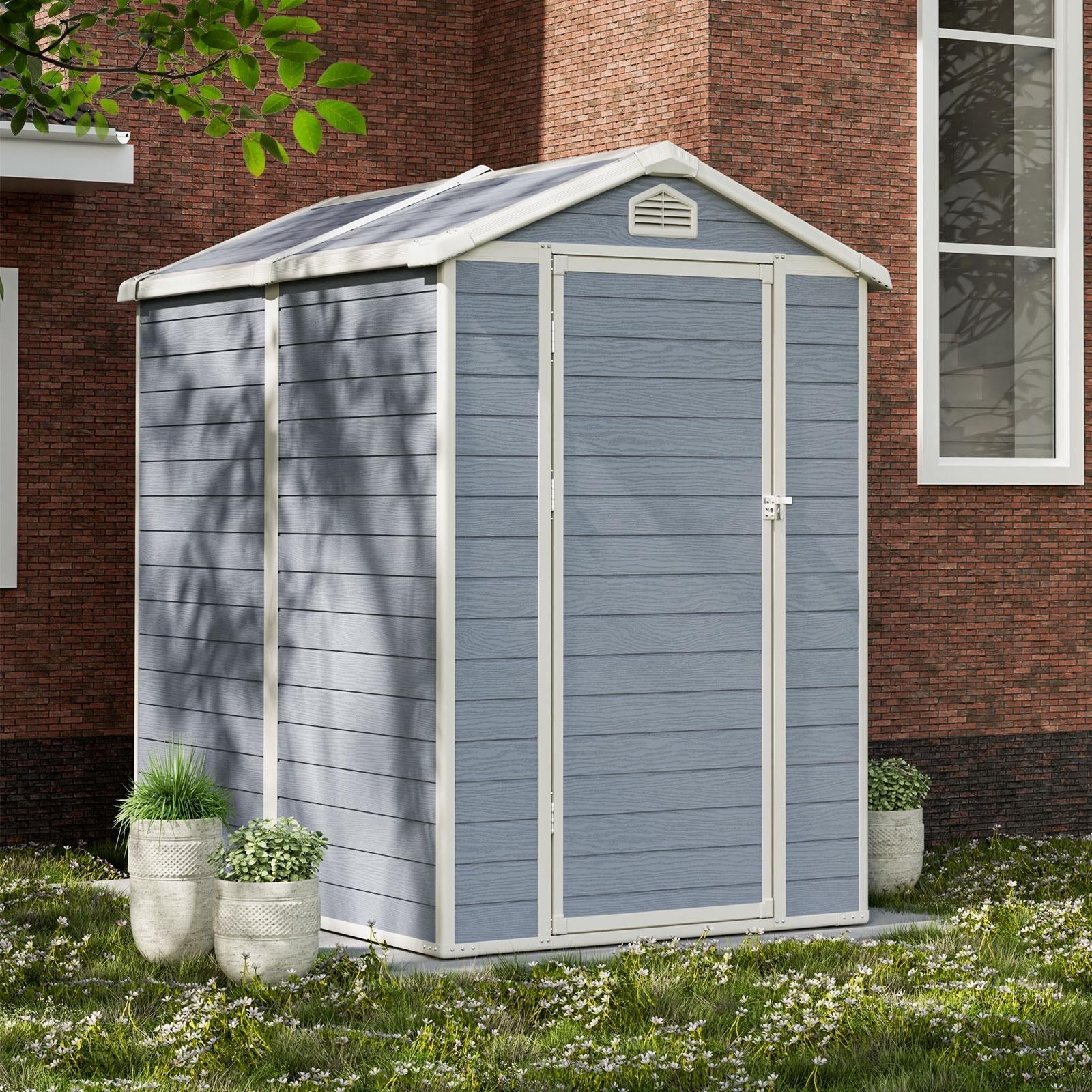 6.3’x4.4’ Resin Outdoor Storage Shed with Base Frame, Plastic Outdoor Sheds with Lockable Door and Window for Backyard, Patio, Lawn