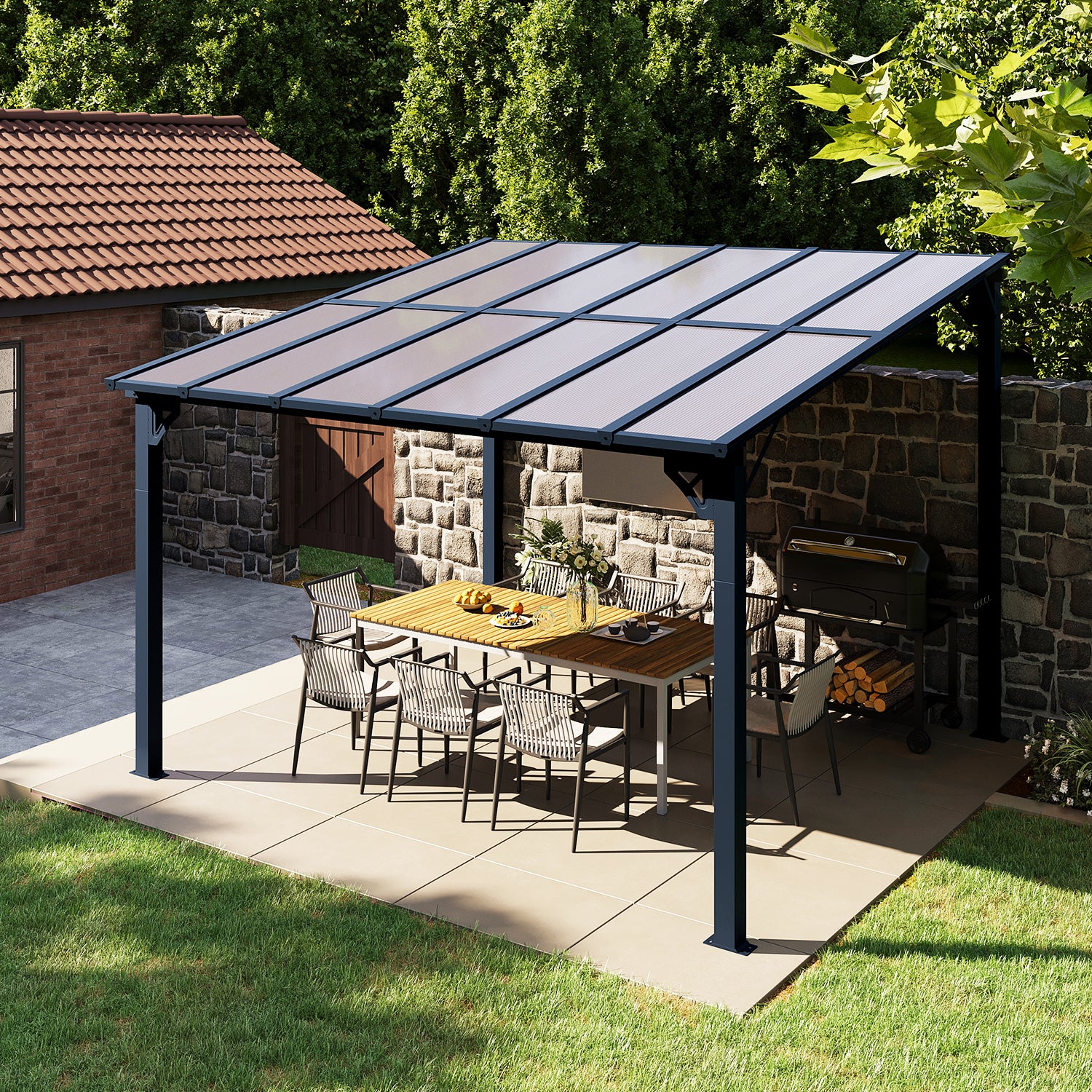 Sunmthink Outdoor Hardtop Gazebo for Patio 10' x 12', Wall-Mounted Lean to Gazebo Pergola with Roof