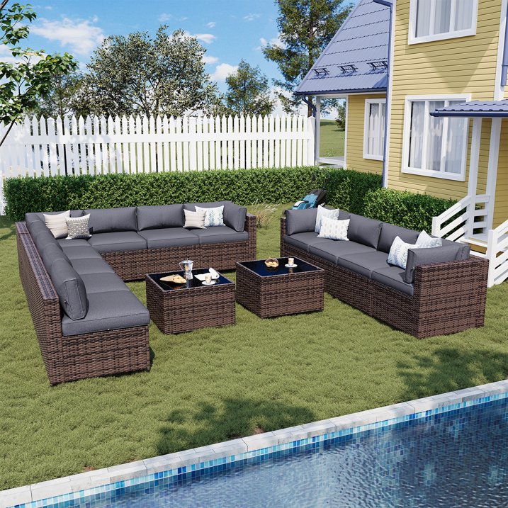Sunmthink Patio Furniture Sets, 14-Piece Outdoor Patio Furniture with Thick Cushions, Wicker Outdoor Conversation Set and Waterproof Cover for Backyard, Poolside, Garden
