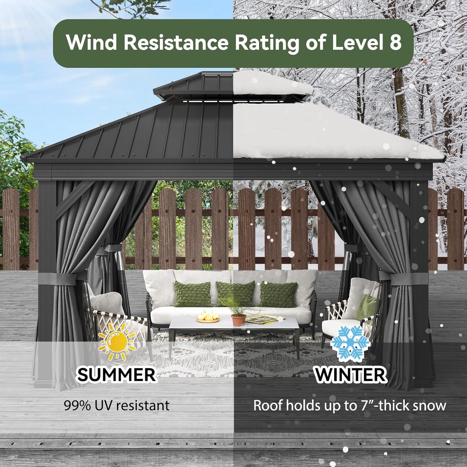 Aoxun 12' X 20' Hardtop Gazebo, Aluminum Outdoor Gazebo with Galvanized Steel Double Roof Canopy, Permanent Metal Pavilion with Privacy Curtain and Netting, for Poolside, Backyard, Square Foundation