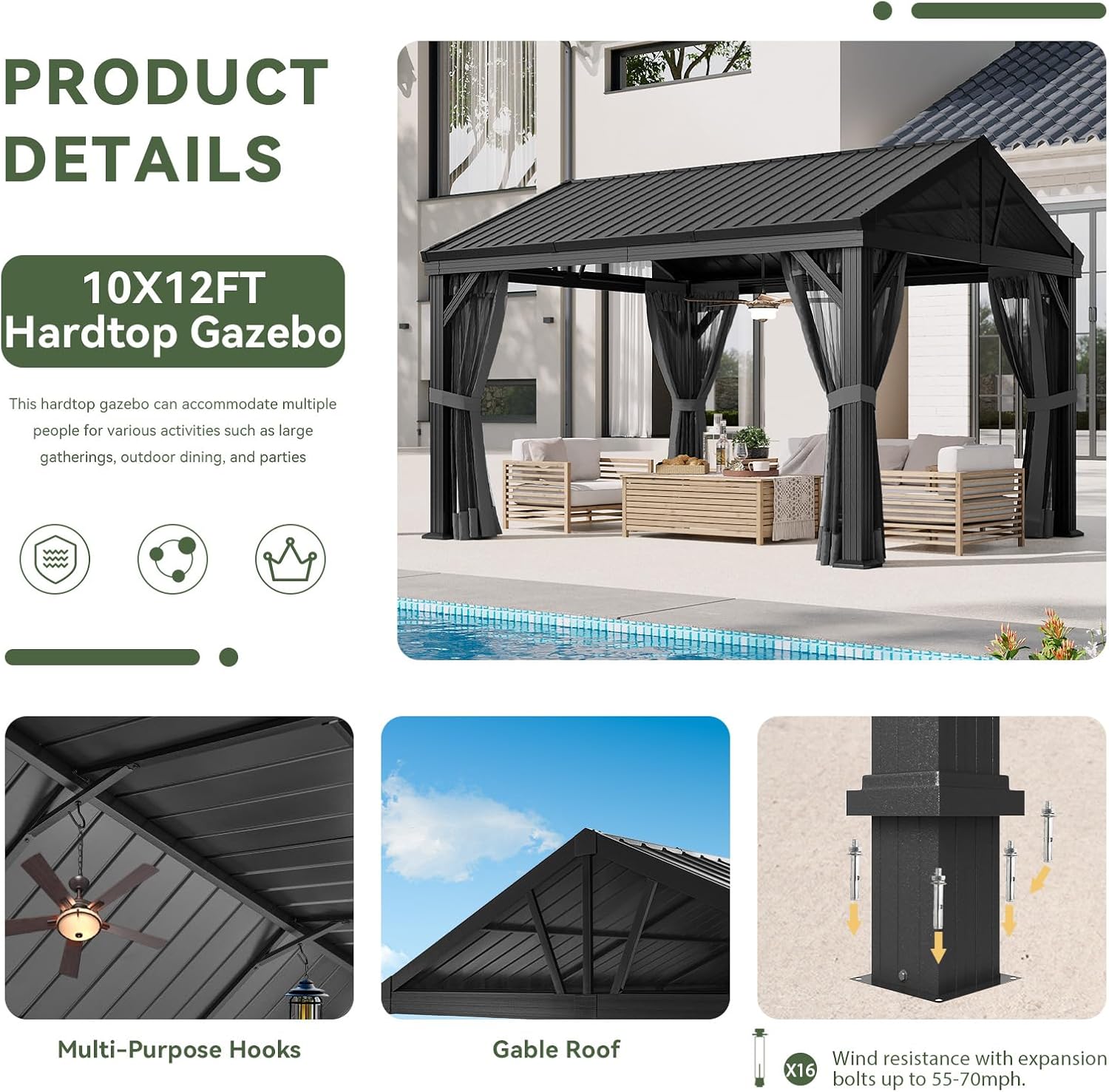 10' x 12' Aluminum Pavilion Gazebo with Gable Roof