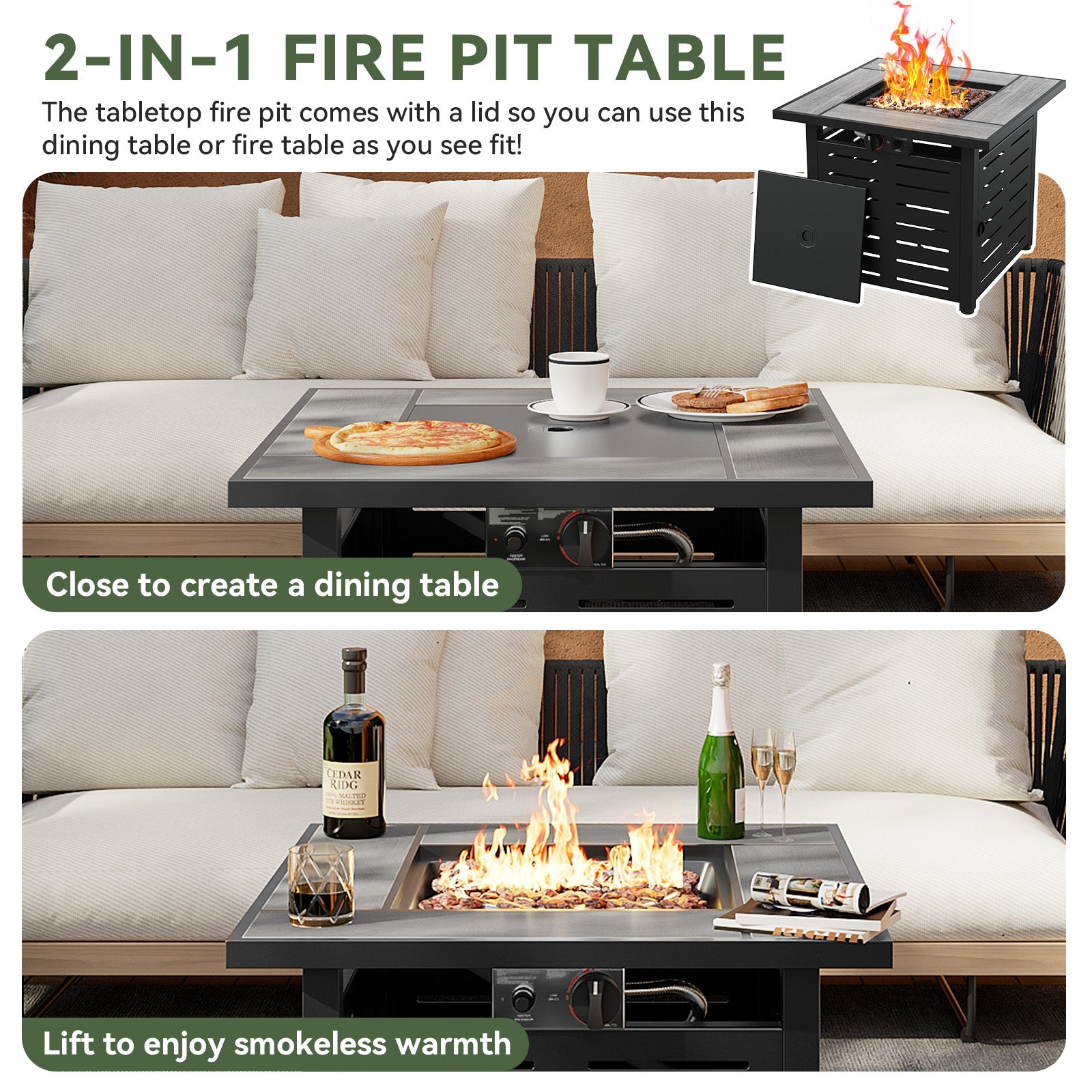 Aoxun 28" Propane Fire Pit Table, 50000 BTU Outdoor Patio Heater with Ceramic Top & Lava Rocks, Square Gas Fire Pits for Outside Patio with Removable Lid, Black