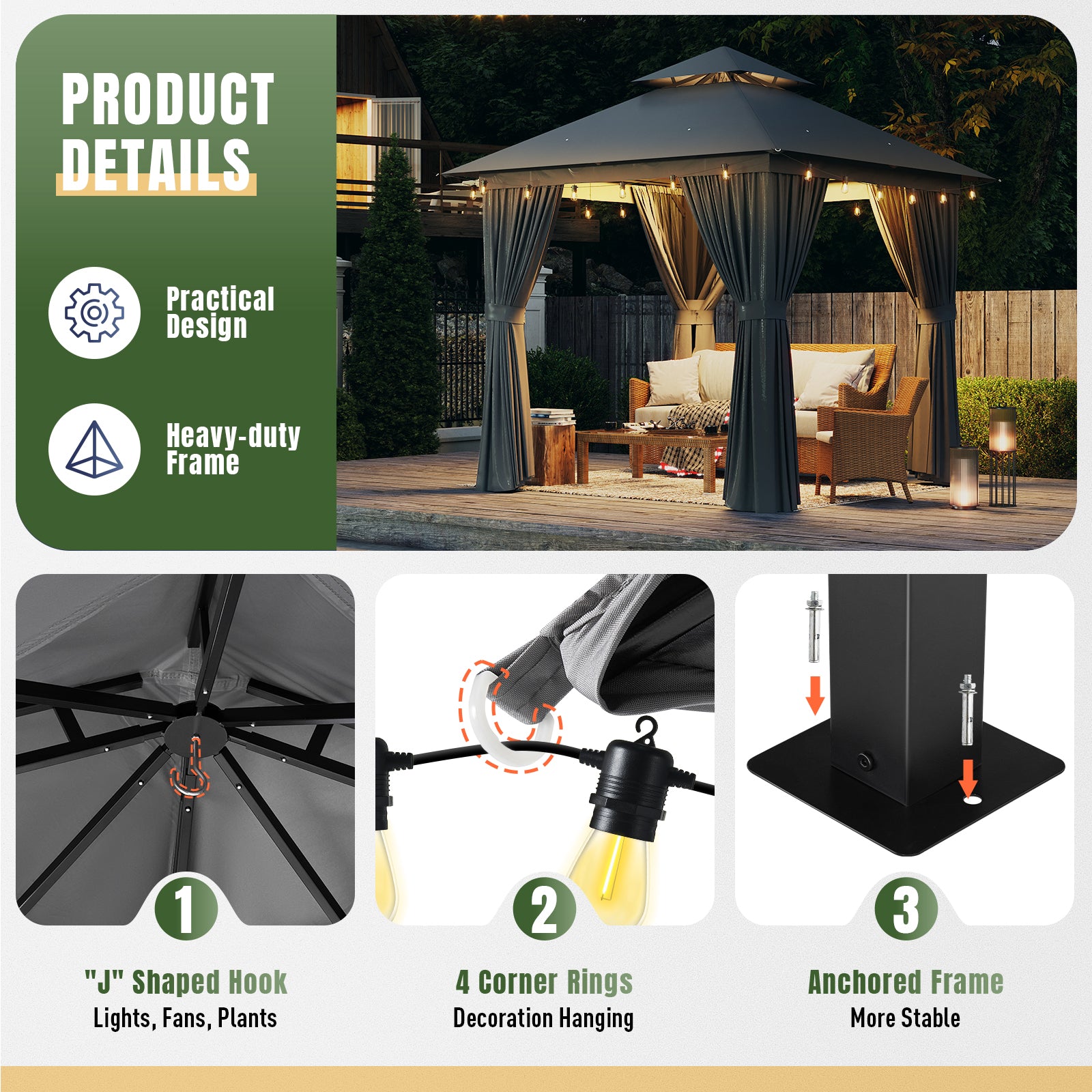 Outdoor Gazebo for Patio 8x8, Metal Frame Canopy with Double Roofs, Heavy Duty Party Tent and Shelter with Mosquito Netting and Privacy Screen for Backyard, Lawn, Garden, Deck (Grey)