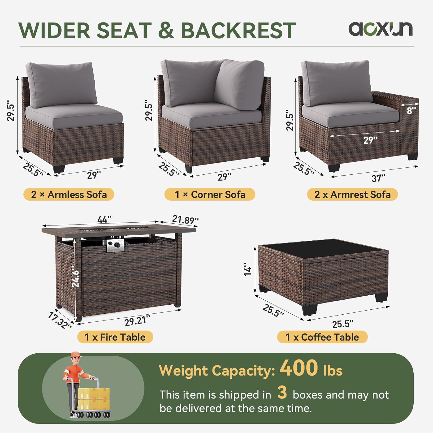 Aoxun Outdoor Furniture with 44'' Fire Pit, 7 Pcs Outdoor Patio Furniture Sets with 4in Thicken Cushion, Widen Armrests Wicker Outdoor Sectional for Backyard (Waterproof Cover Include)