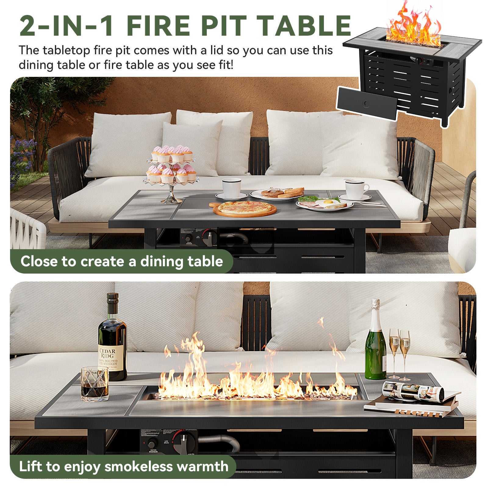 Aoxun 42" Propane Fire Pit Table, 60000 BTU Outdoor Patio Heater with Ceramic Top & Lava Rocks, Rectangle Gas Fire Pits for Outside Patio with Removable Lid, Black