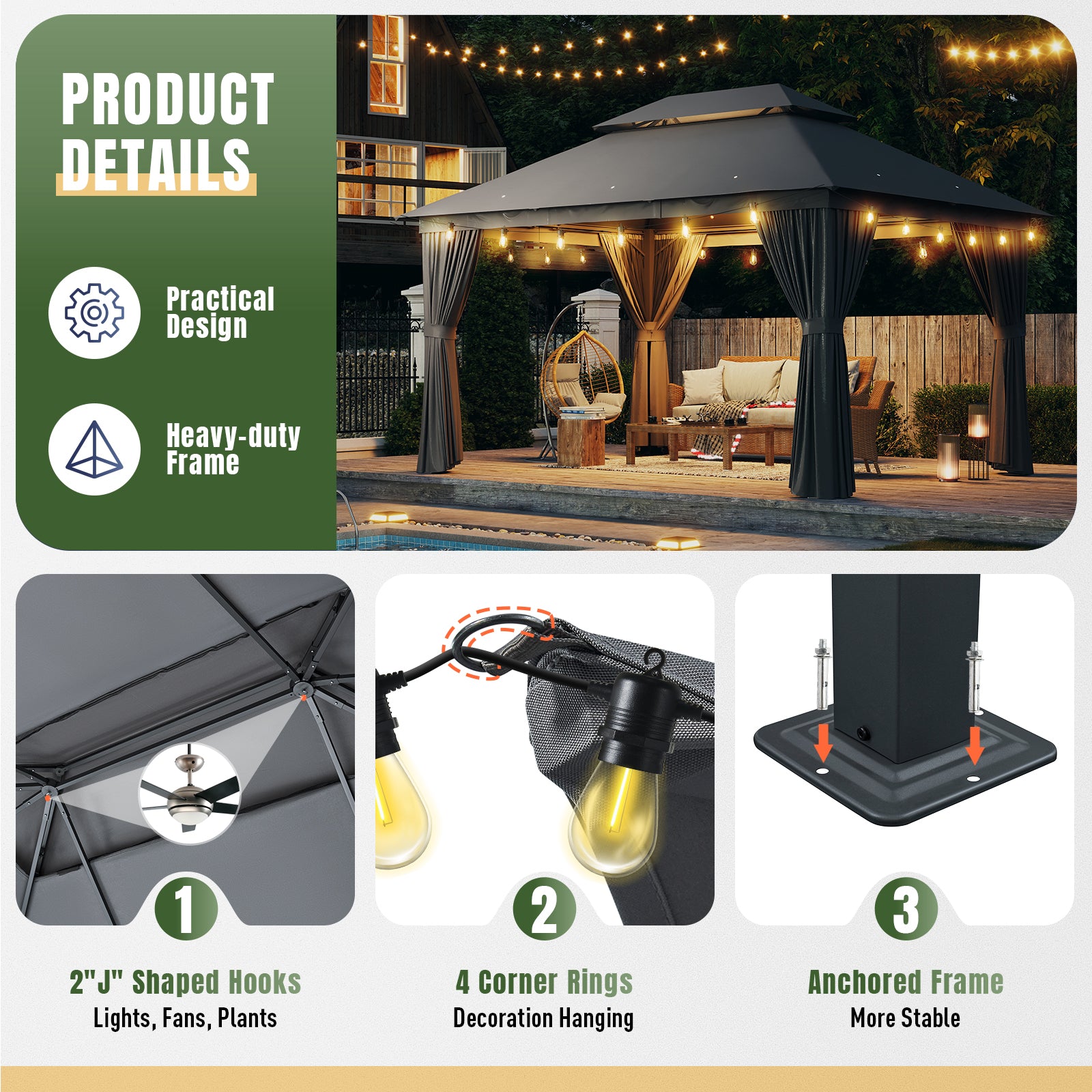 10'x13'Outdoor Gazebo,Double Roofs Metal Frame Canopy With Privacy Curtains For Backyard,Lawn,Garden,Dark Gray