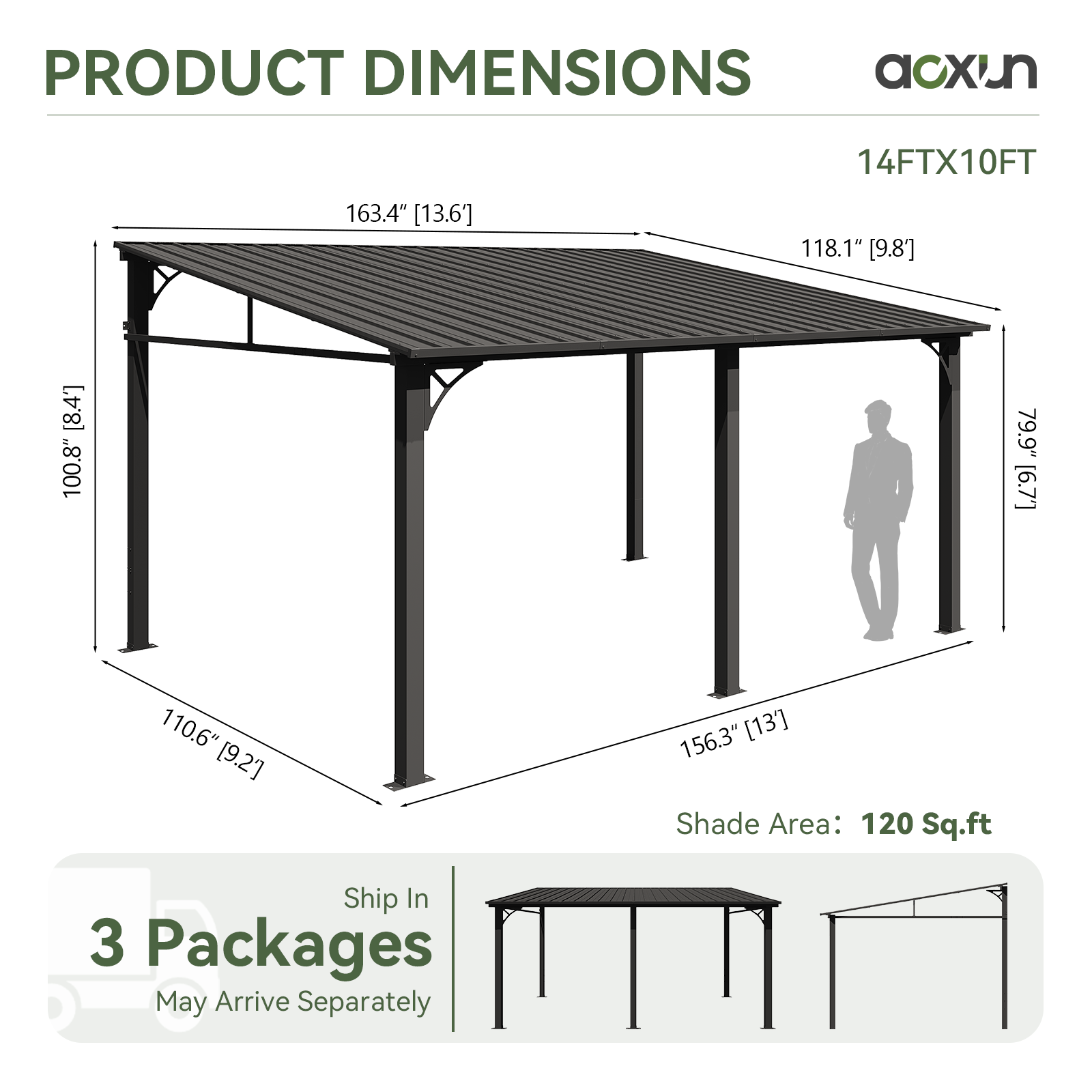Aoxun 10' x 14' Lean to Gazebo, Upgraded Hardtop Outdoor Pergola with Sloping Galvanized Steel Roof, Large Wall-Mounted Heavy Duty Awnings for Patio, Backyard, Deck, Porch (Black)