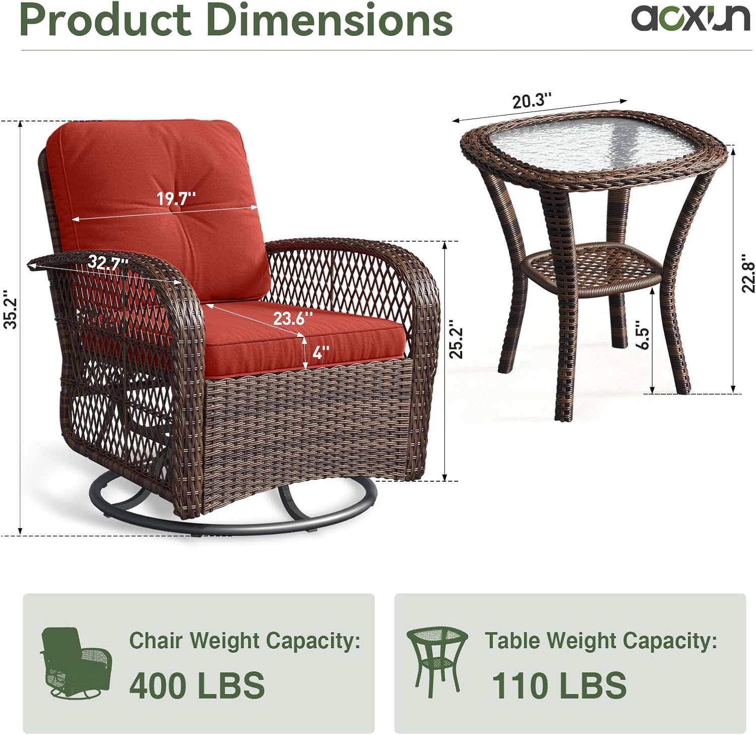 3 pcs Swivel Rocking Chairs & Tempered Glass Table Set