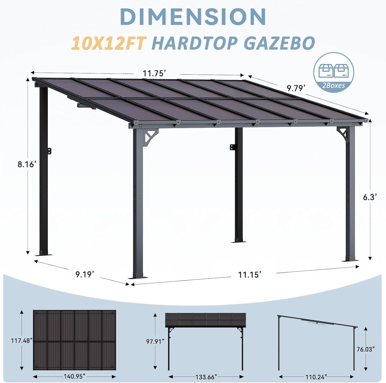 Aoxun 10' x 12' Gazebo, Premium Pergola with Sloped Roof, Aluminium Structure Large Wall-Mounted Heavy Duty Awnings, for Backyard, Patio, Deck and Lawn(Black)