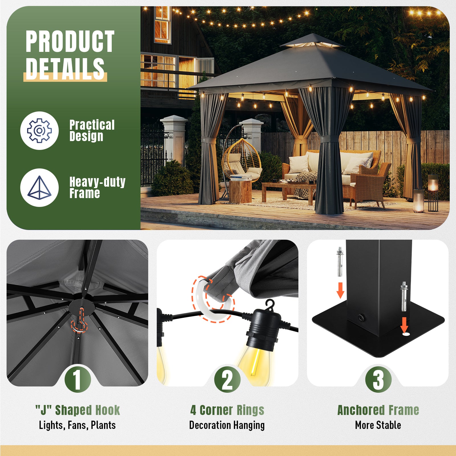 Outdoor Gazebo for Patio 10x10, Metal Frame Canopy with Double Roofs, Heavy Duty Party Tent and Shelter with Mosquito Netting and Privacy Screen for Backyard, Lawn, Garden, Deck (Grey)