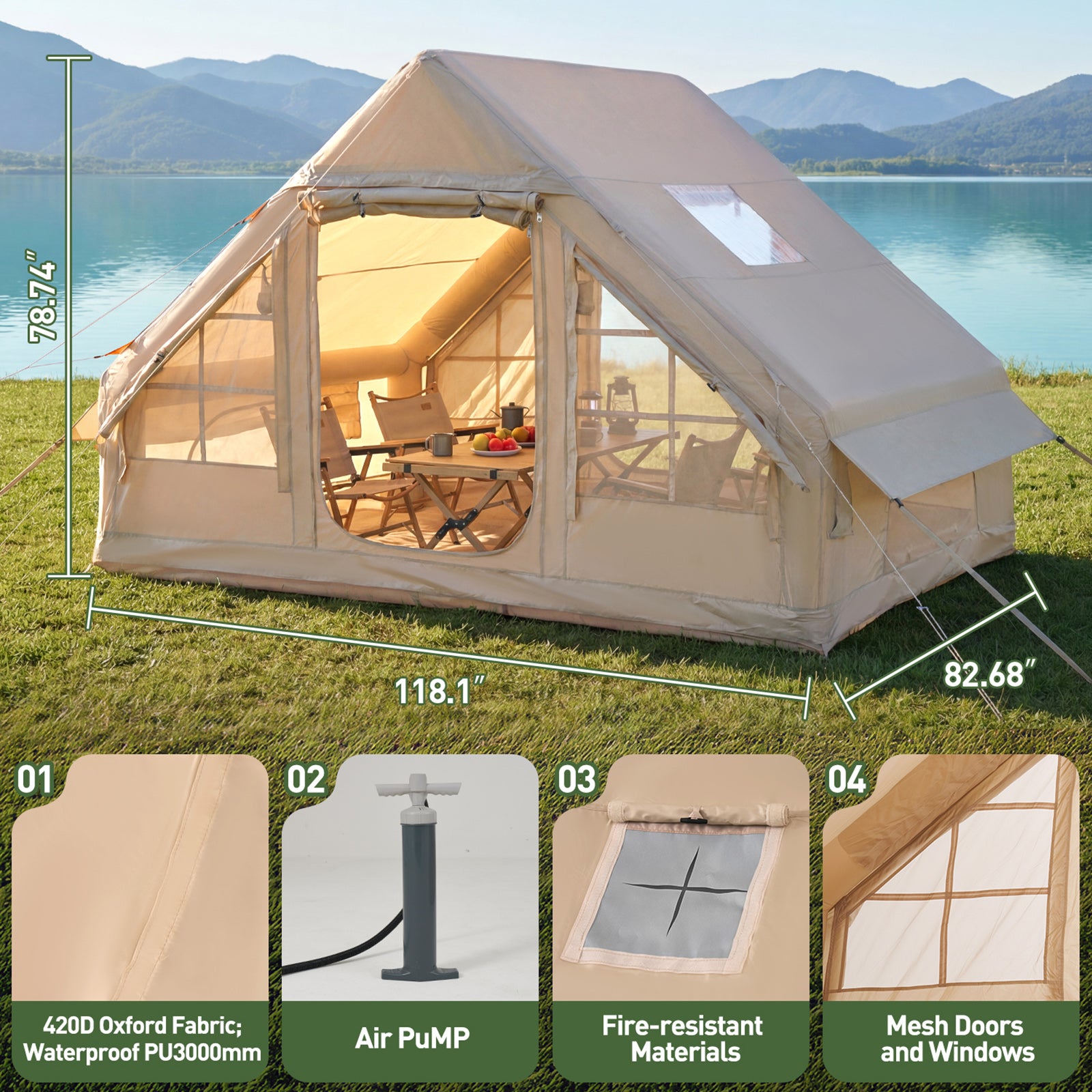 Aoxun Inflatable Camping Tent for 4-8 Person, Instant Setup Family Size Tent, Waterproof Windproof Outdoor Shelter with UV Protection, Lightweight Portable for Camping, Beach, Festivals (Beige)