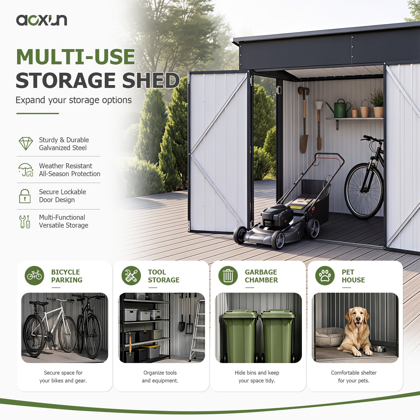 Aoxun 7.5'x4' Outdoor Storage Shed with 3 Lockable Doors & 14mm PP Floor | 7.5x4 FT Metal Garden Shed with Floor, Outdoor Storage Cabinet with Sloping Roof for Backyard, Black