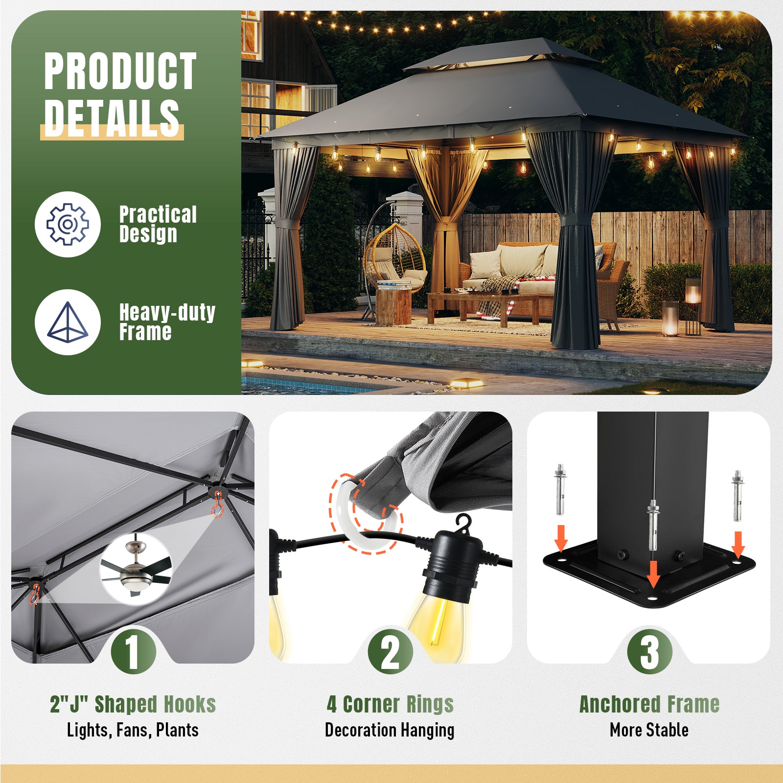 10'x13'Outdoor Gazebo,Double Roofs Metal Frame Canopy With Privacy Curtains For Backyard,Lawn,Garden,Gray