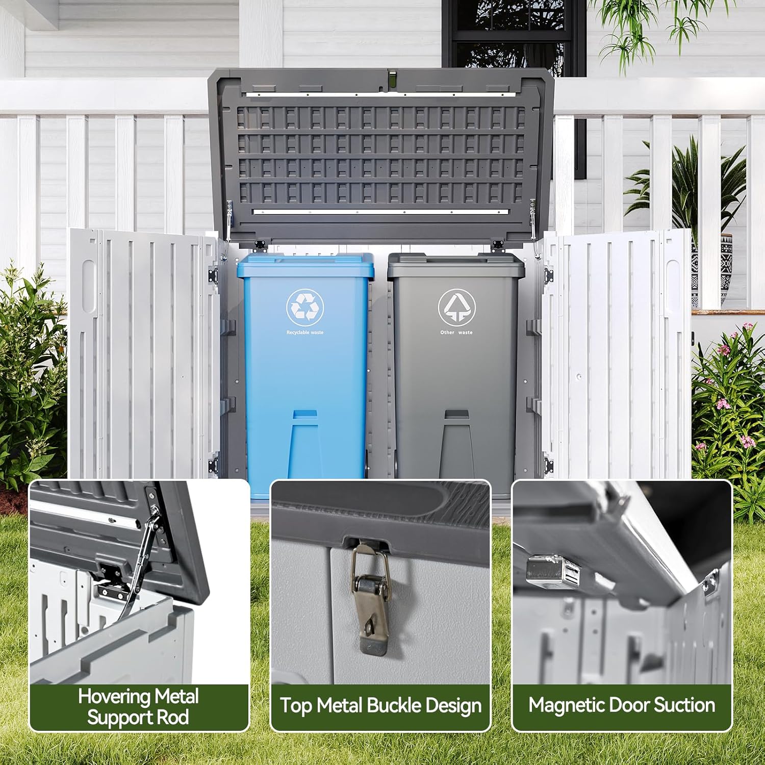 Aoxun White Outdoor Storage Cabinet with 2 Shelves, 35 Cu.Ft Trash Can Storage Shed, Waterproof, Horizontal Storage for Garbage Bin, Generator, Lawn Mower