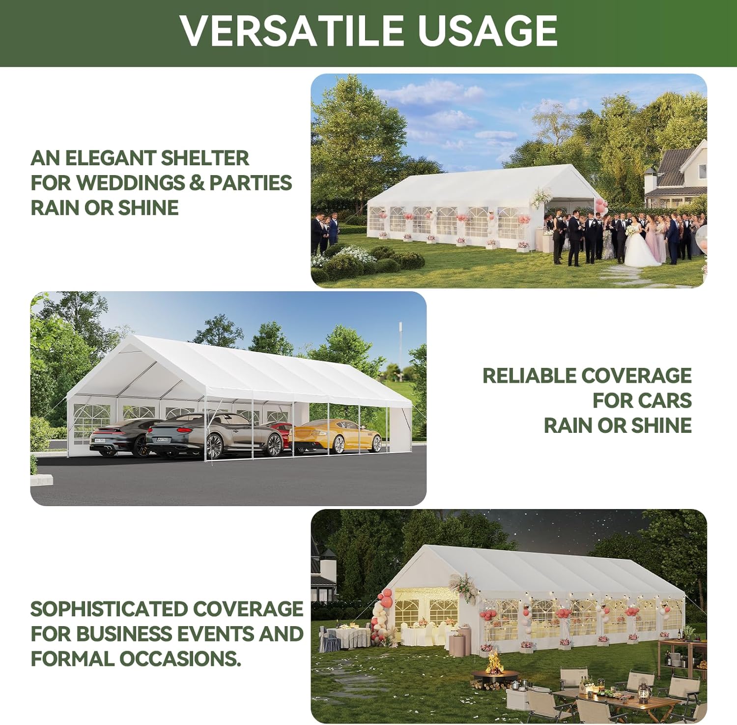 Aoxun Party Tent Canopy for Weddings Waterproof Event Tent with Removable Sidewalls &Roll-up Door, Heavy-Duty Steel Frame for Outdoor Weddings, BBQ, Birthday Parties, & Camping,White
