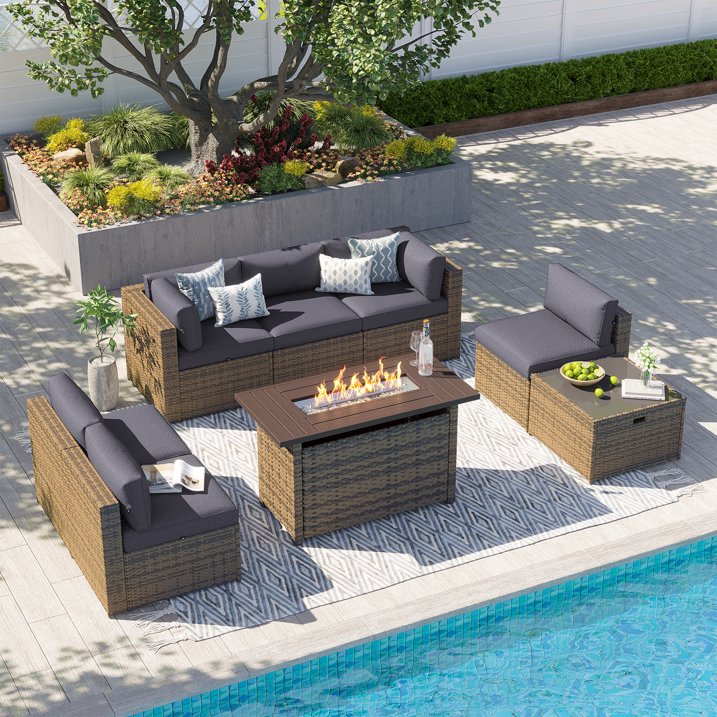 Clouddwell 8 Piece Patio Furniture Set with 44” Fire Pit Table Wicker Rattan Patio Conversation Set Outdoor Sectional Sofa Set with Coffee Table and Gray Cushions(Waterproof Cover Included)