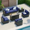 Clouddwell 8-Piece Patio Furniture Set With Fire Table On Sale, Black Rattan Wicker Outdoor Sectional Sofa Couch with Table Patio Conversation Set for Lawn& Backyard,Blue
