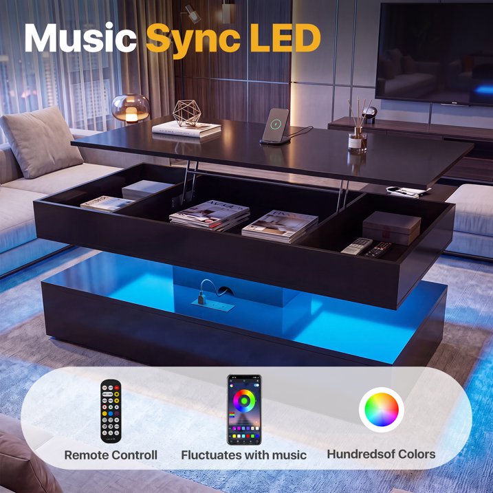 Sonegra 47" High-Glossy LED Lift Top Coffee Table with 2 Sliding Drawers, Large Open Storage Space & Ambient LED Lighting, Modern Double-Layer Livingroom Table, Black